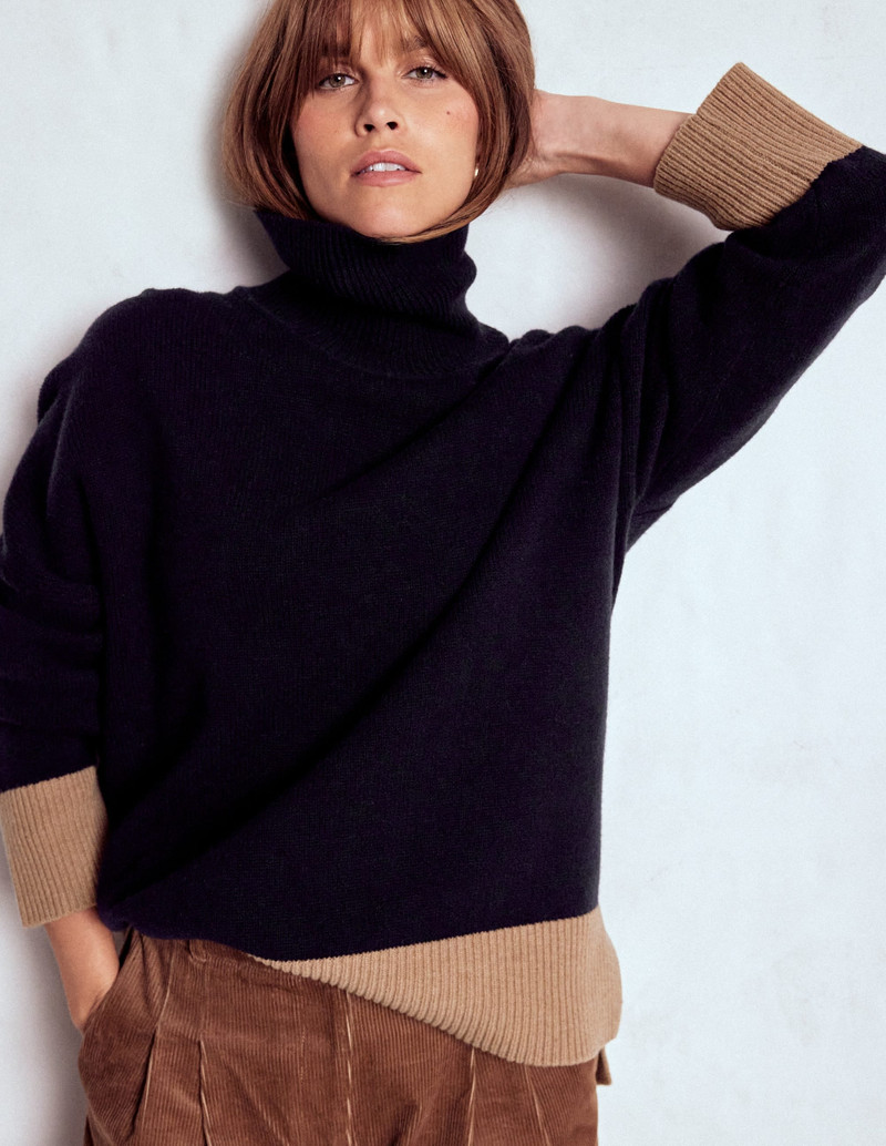 Polly Merino Roll Neck Sweater-Navy, Warm Taupe Colour Block 6