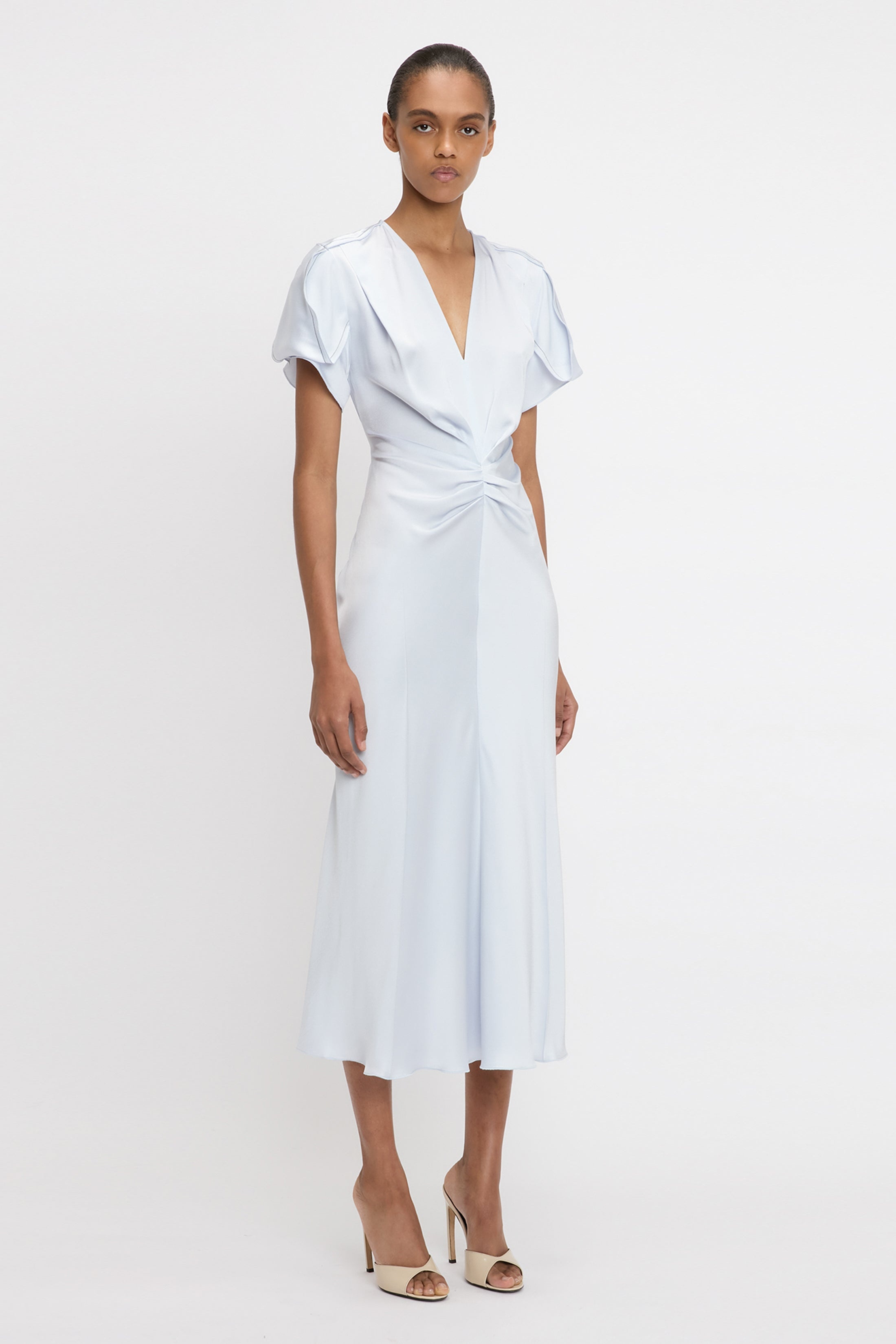 Gathered V-Neck Midi Dress In Ice - 3