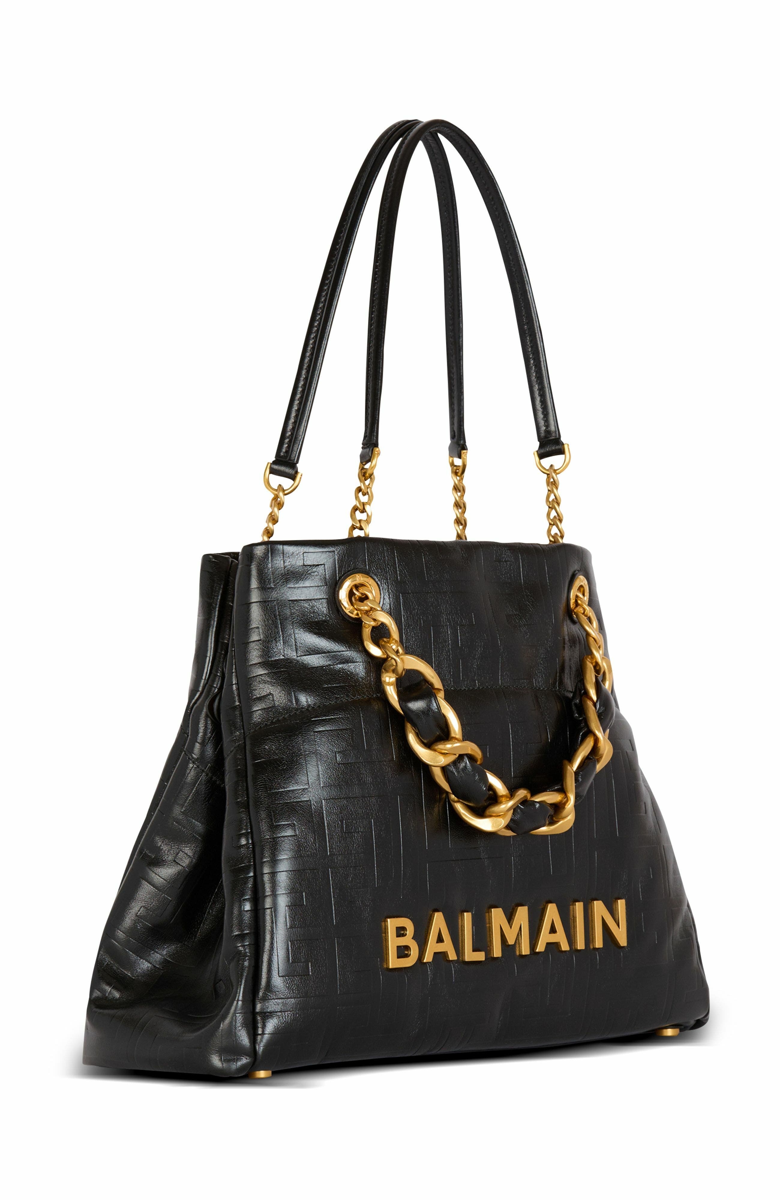 Balmain 1945 Soft PB-monogrammed crinkled leather tote bag in Black at Nordstrom - 4