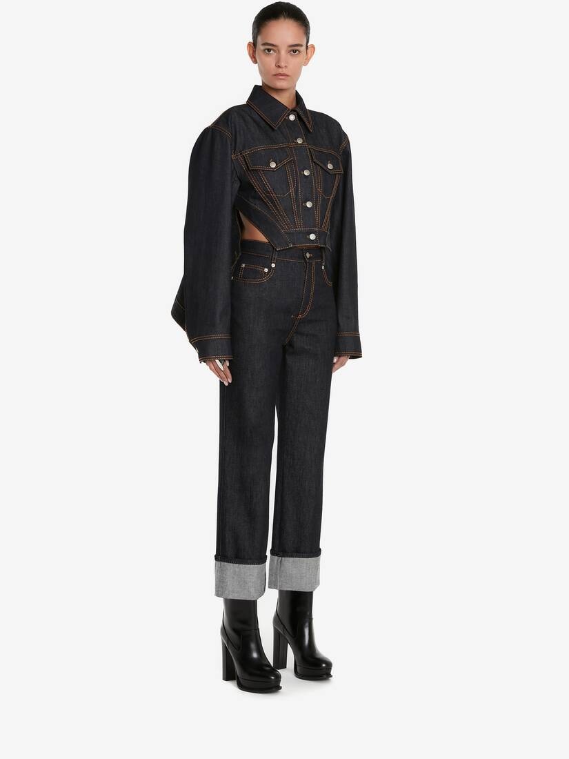 Women's Slashed Denim Jacket in Dark Navy - 3