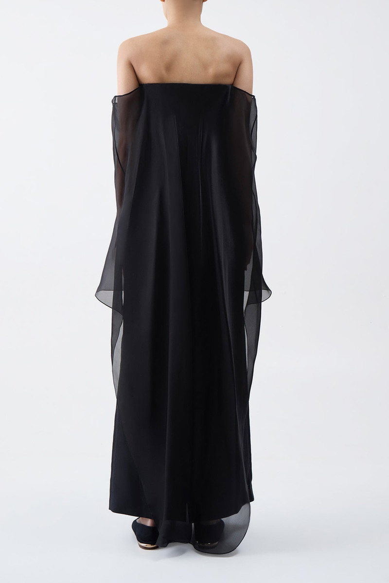 Marisha Dress in Black Textured Linen with Silk Organza Sheer Cape 4