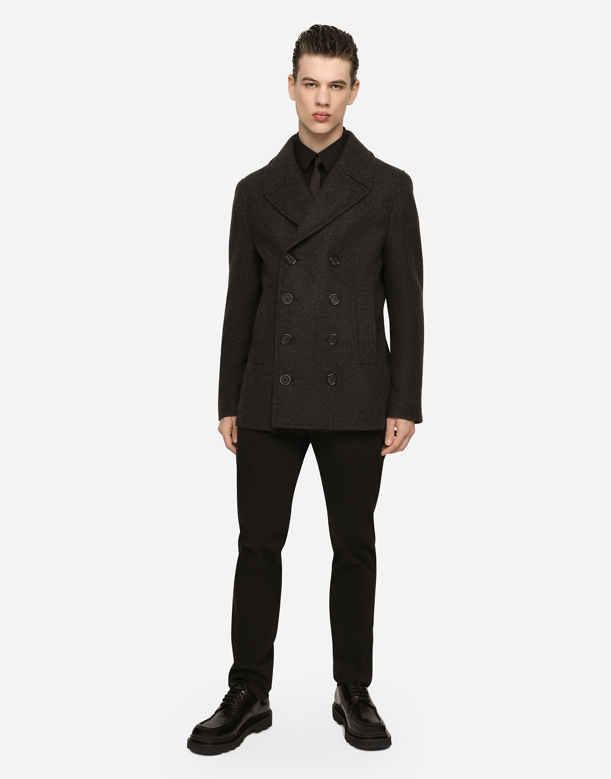 Double-breasted wool pea coat with branded tag - 2