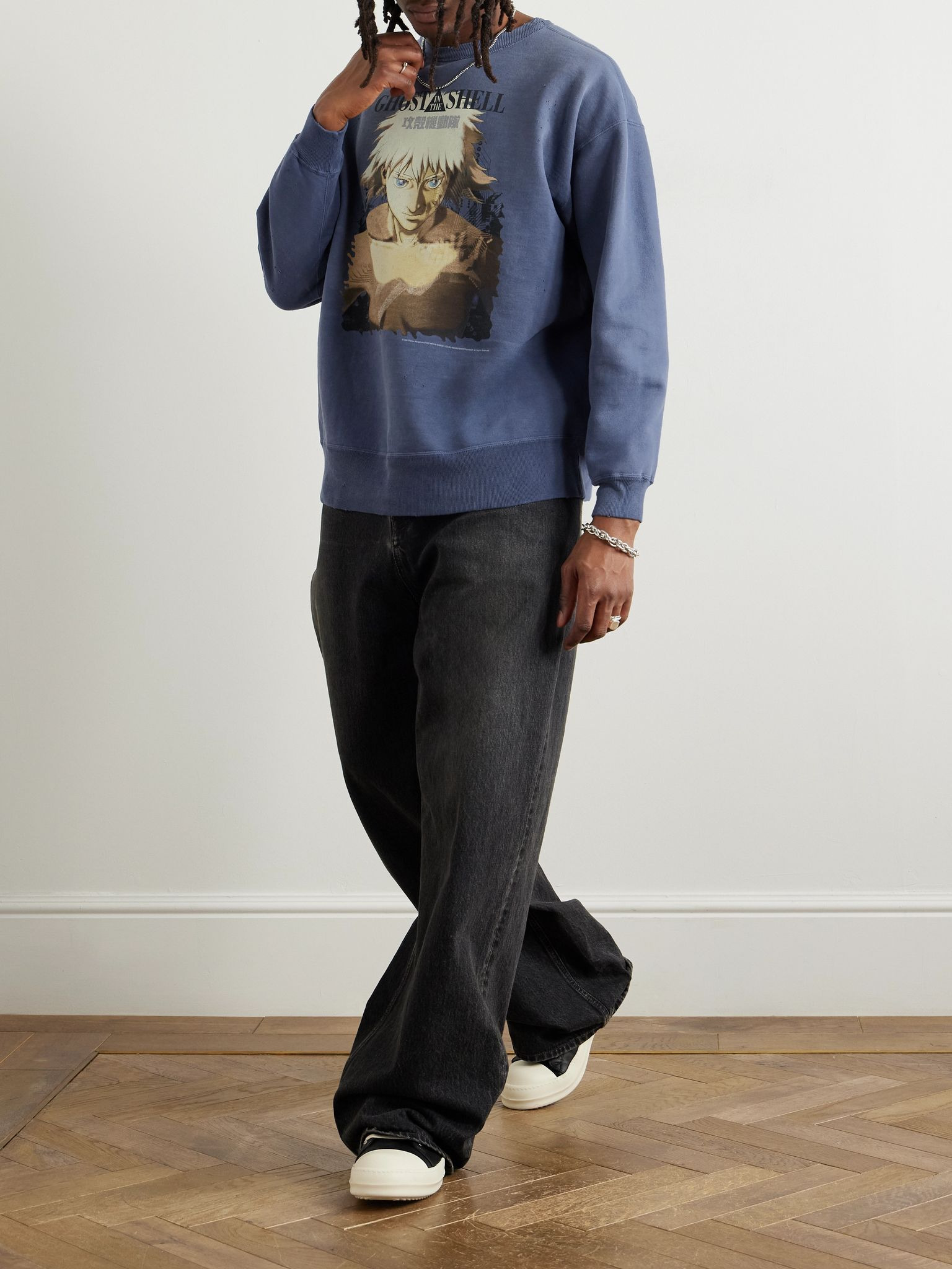 + Ghost in the Shell Distressed Printed Cotton-Jersey Sweatshirt Navy - 2