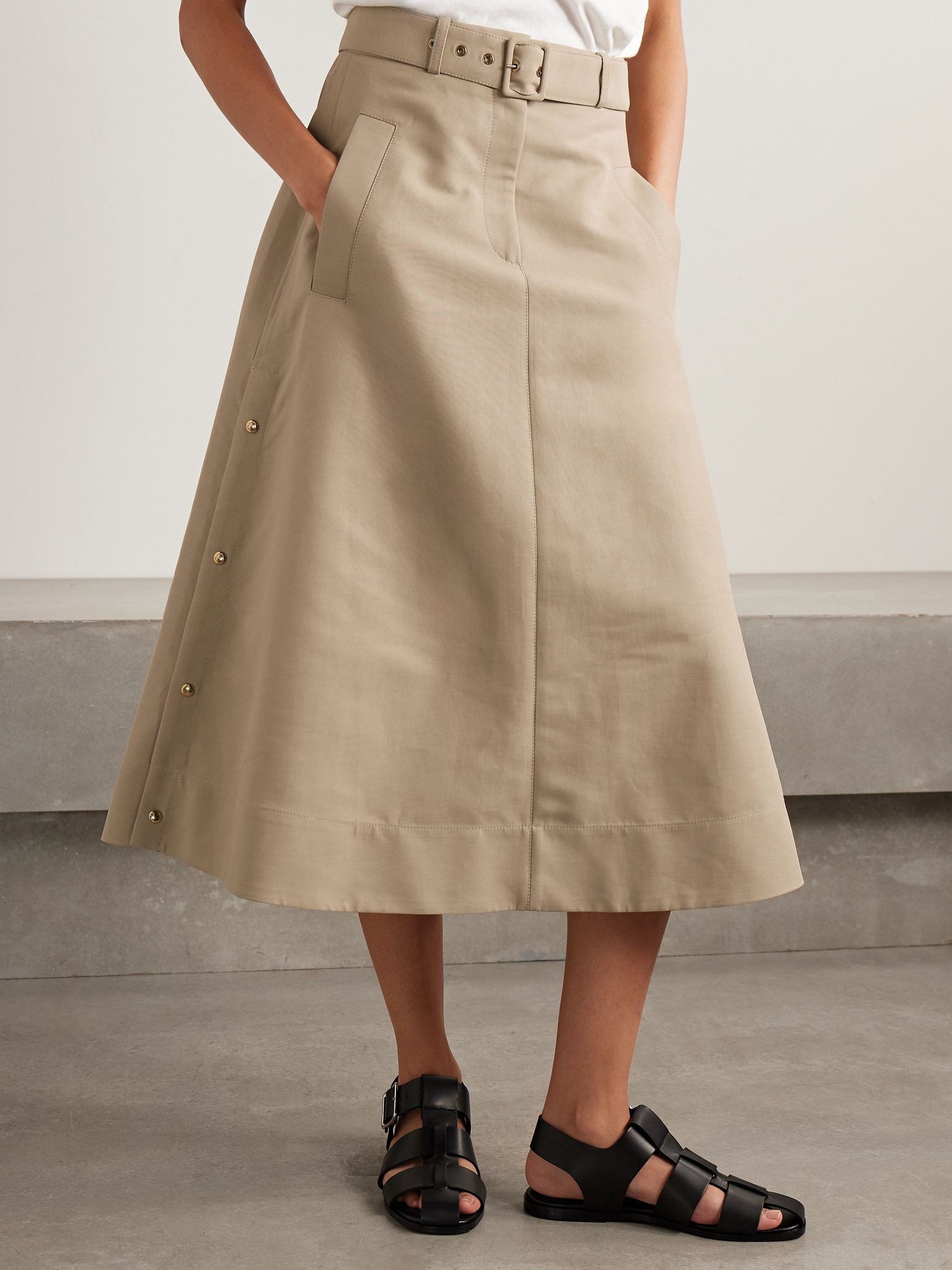 Belted cotton-gabardine midi skirt Tan - 3