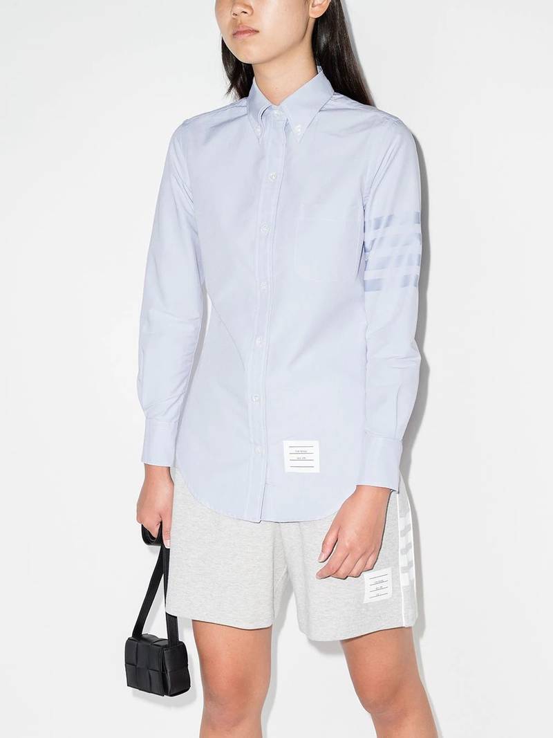 Thom Browne Light Blue Oxford Mesh 4-Bar Classic Round Collar Shirt outlook