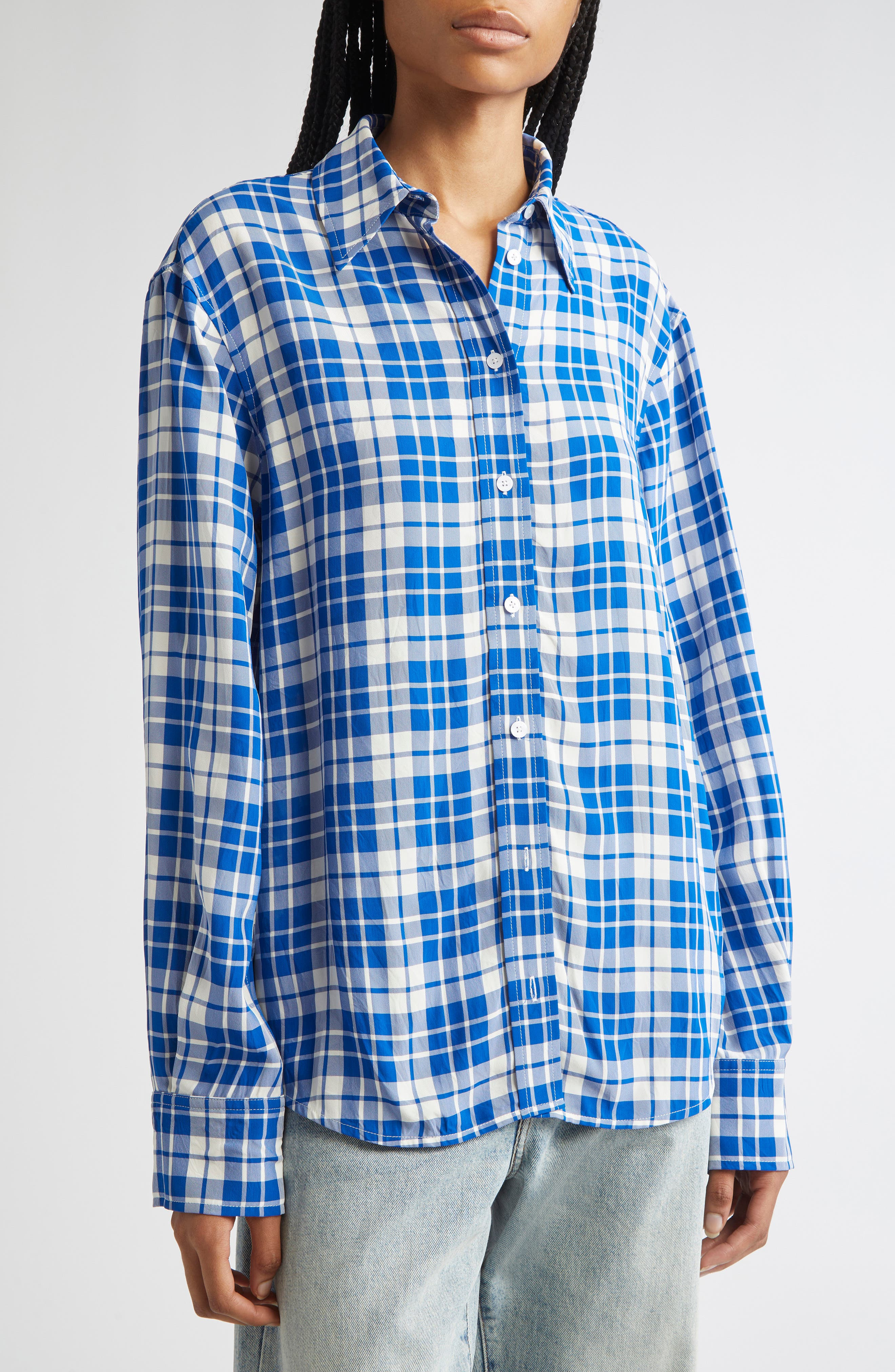 Proenza Schouler Bronwen Plaid Hammered Viscose Button-Up Shirt in Cobalt Multi at Nordstrom - 6