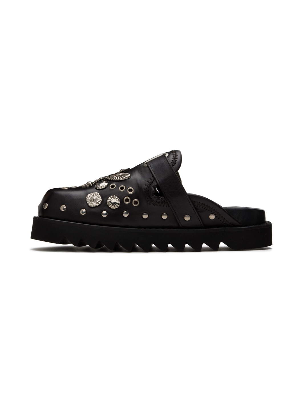 Black Eyelet Metal Sabot Loafers - 3