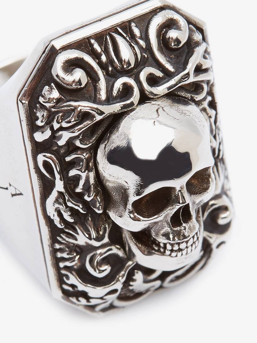 Engraved Skull Ring in Antique Silver - 4