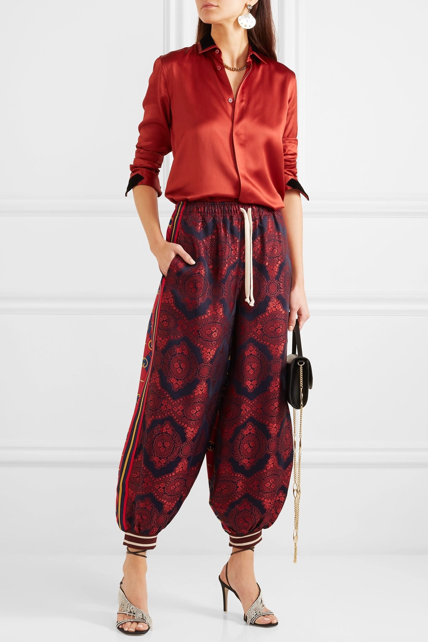 Floral-jacquard and printed silk-twill pants  - 2