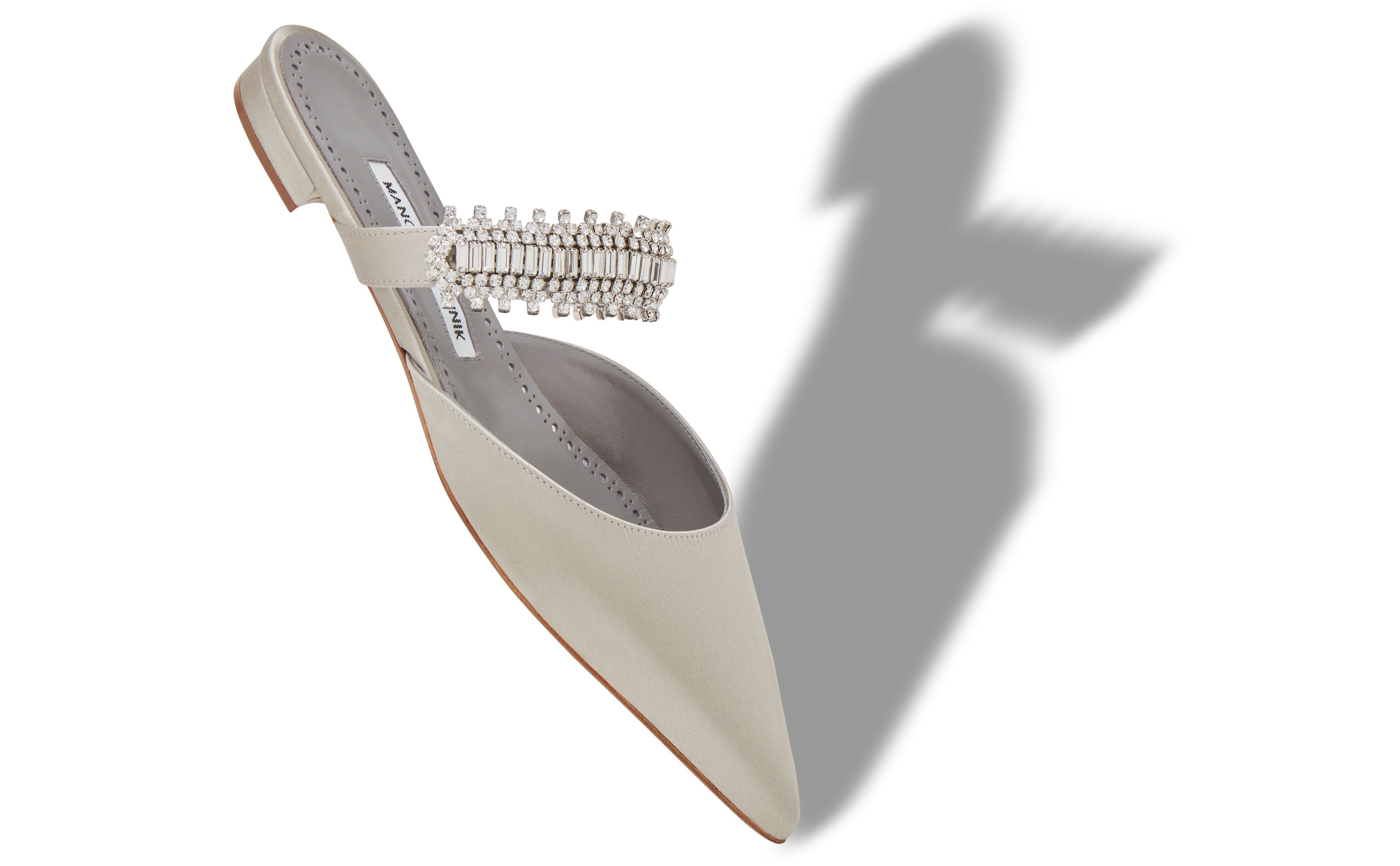 Light Grey Satin Crystal Embellished Flat Mules - 2