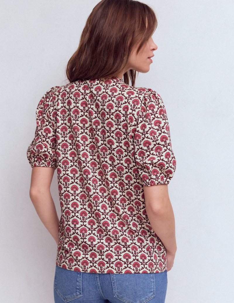 Mya Short Sleeve Smocked Shirt-Strawberry Pink,Flower Lattice 4