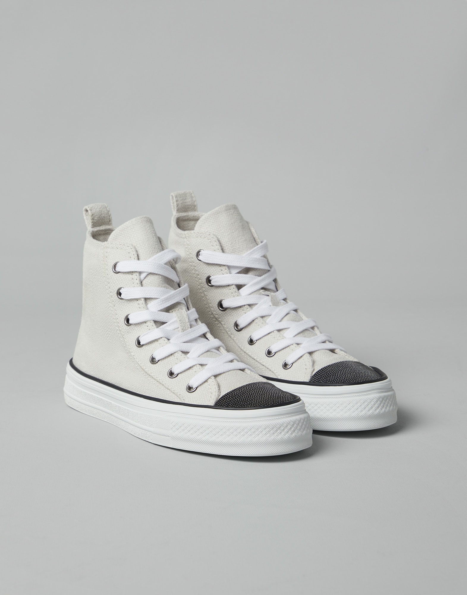 Cotton and linen canvas high top sneakers with precious toe - 1