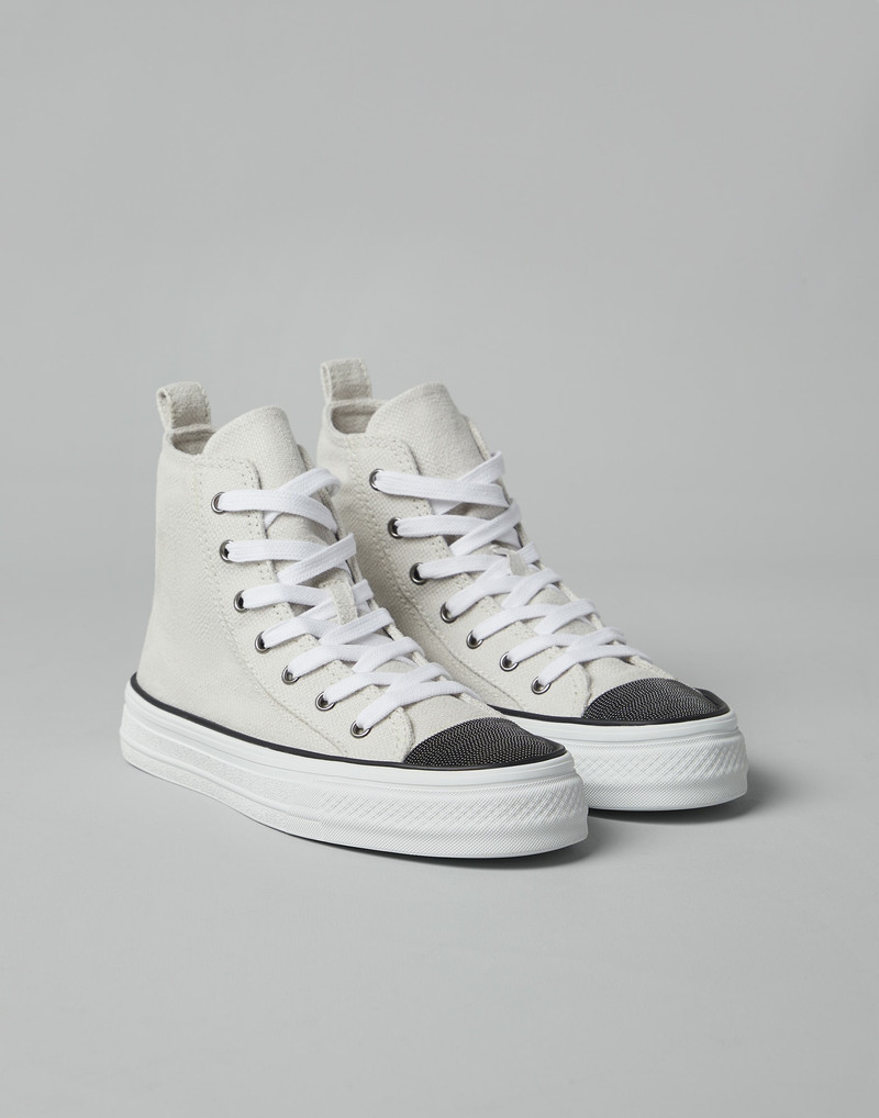 Cotton and linen canvas high top sneakers with precious toe 1