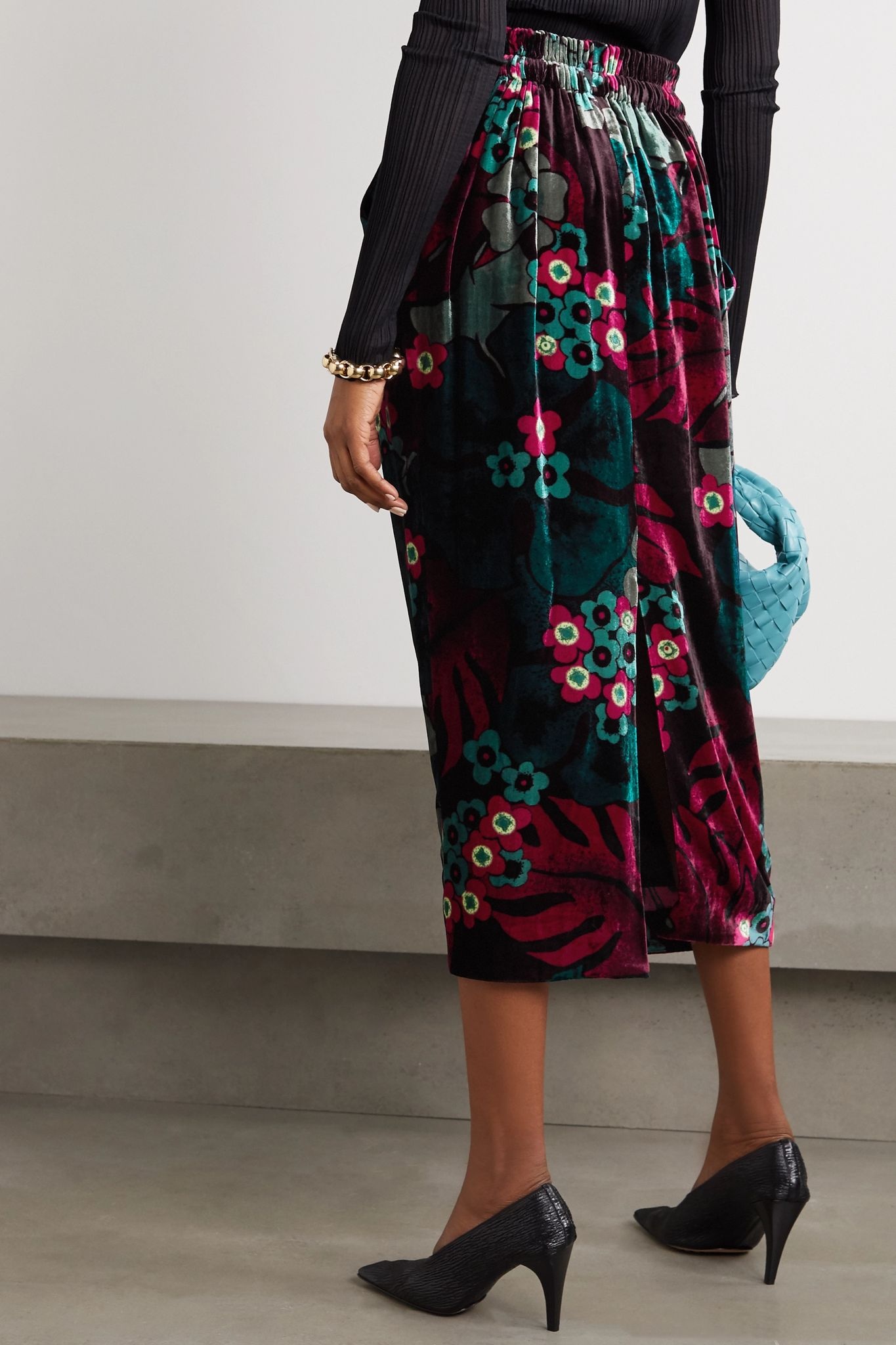 Floral-print velvet midi skirt  - 3