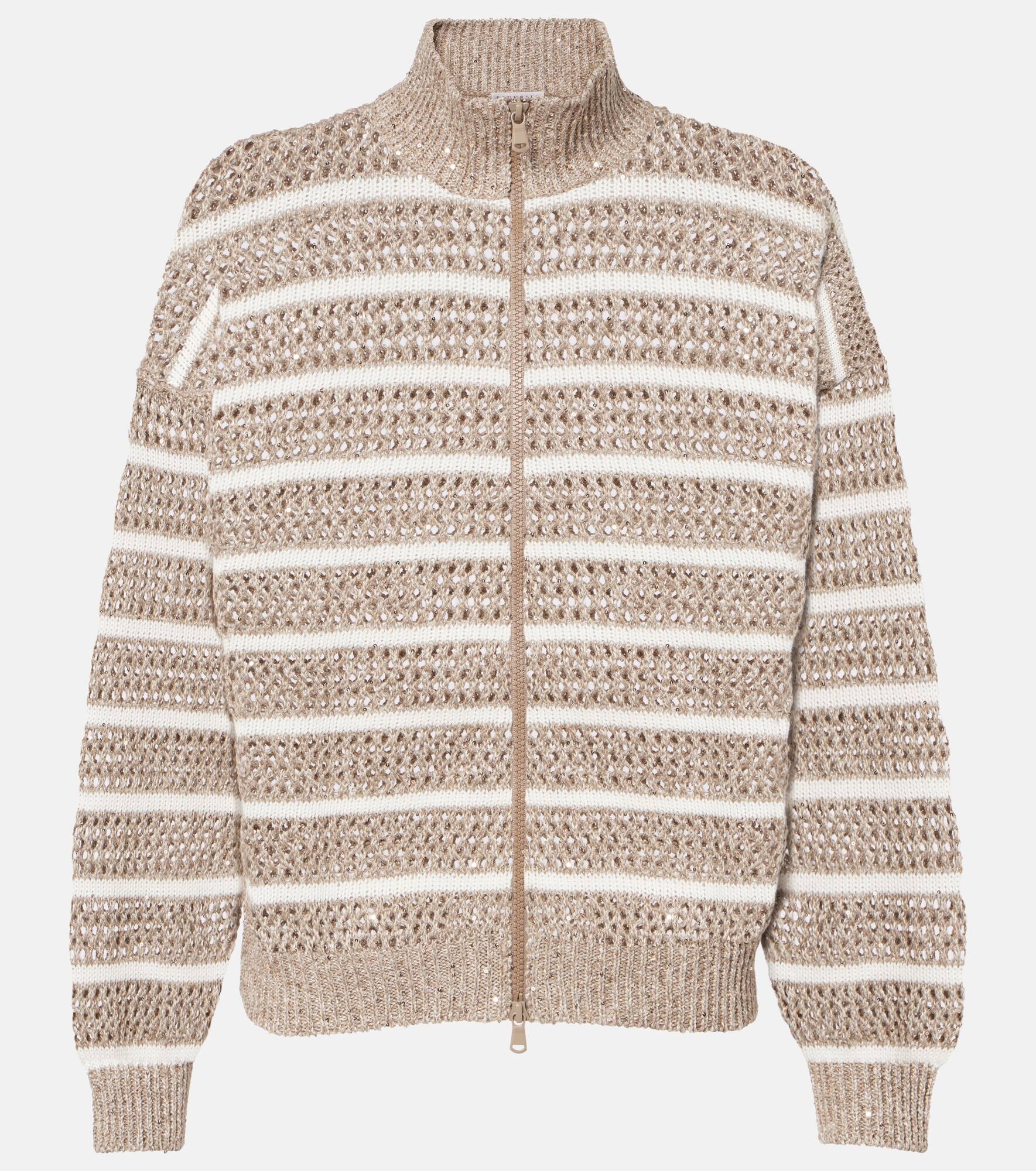 Sequined striped linen-blend cardigan - 1