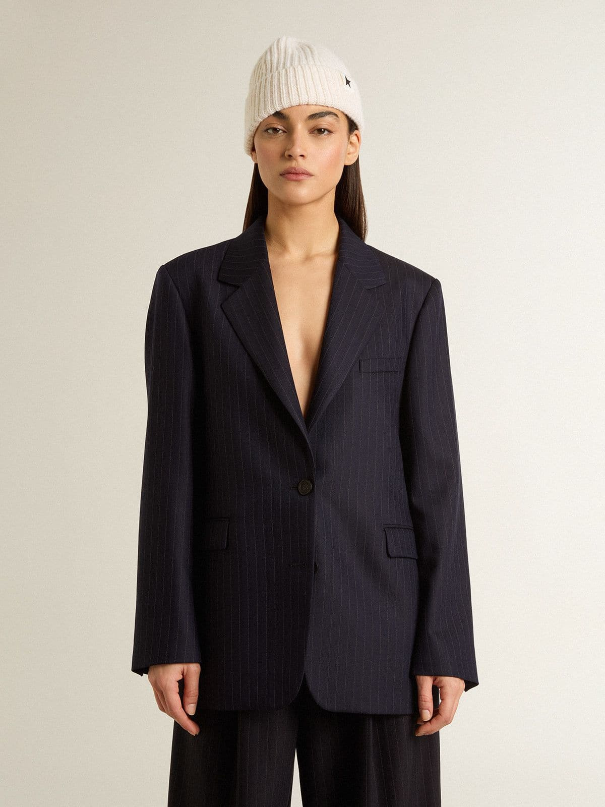 Women's midnight blue wool single-breasted blazer - 2