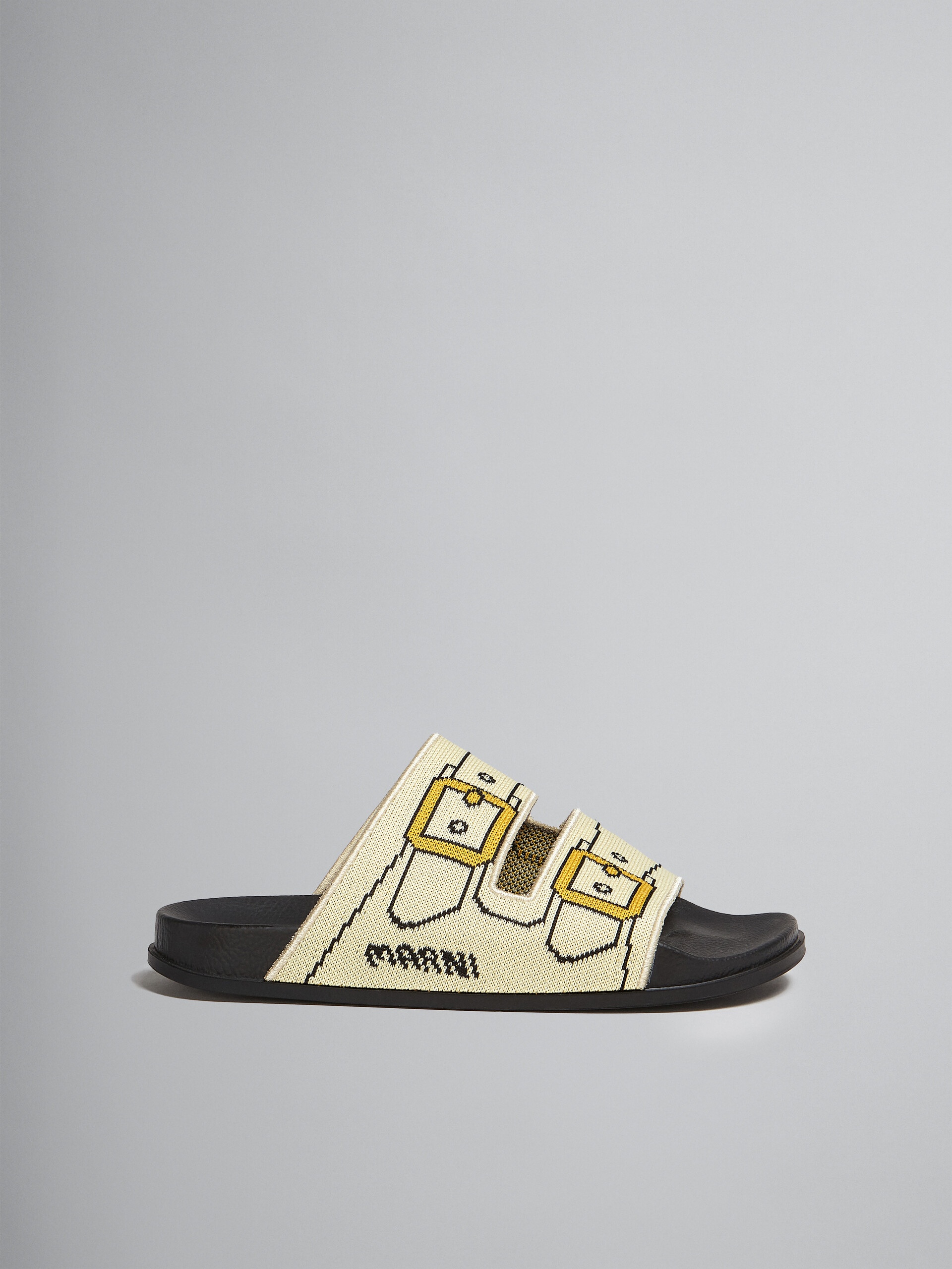 ECRU AND GOLD TROMPE L'OEIL JACQUARD TWO-STRAP SLIDE - 1