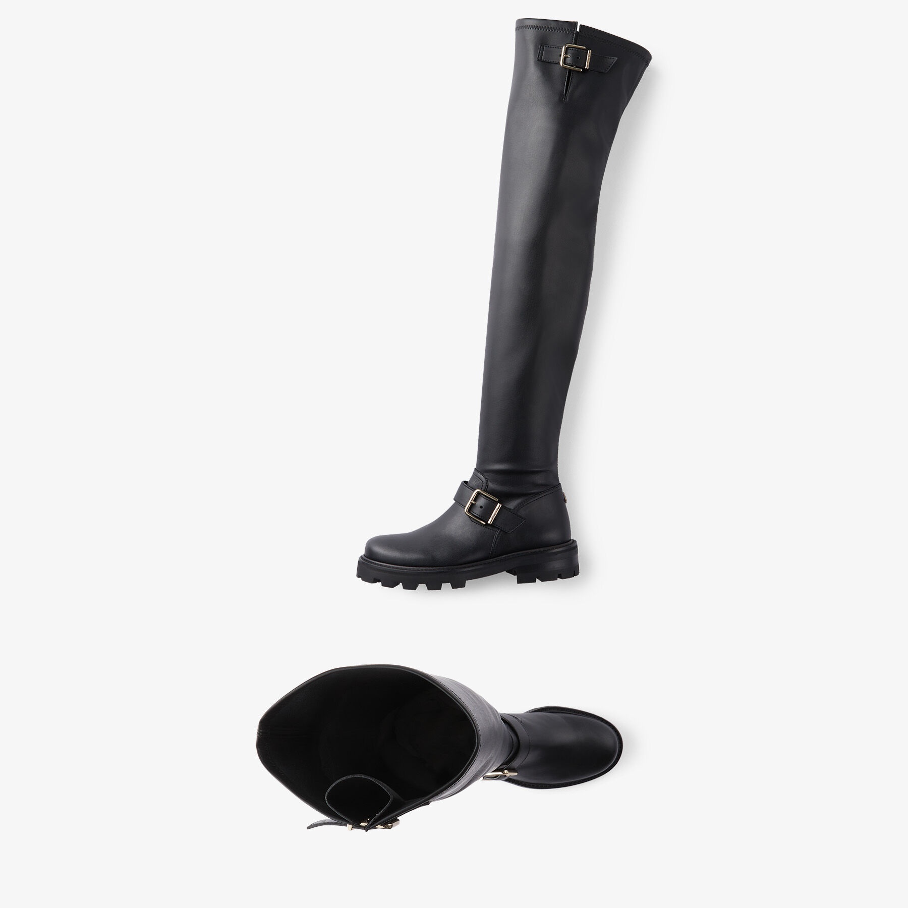 Biker II OTK Flat
Black Stretch Bonded Fabric Knee-High Biker Boots - 4