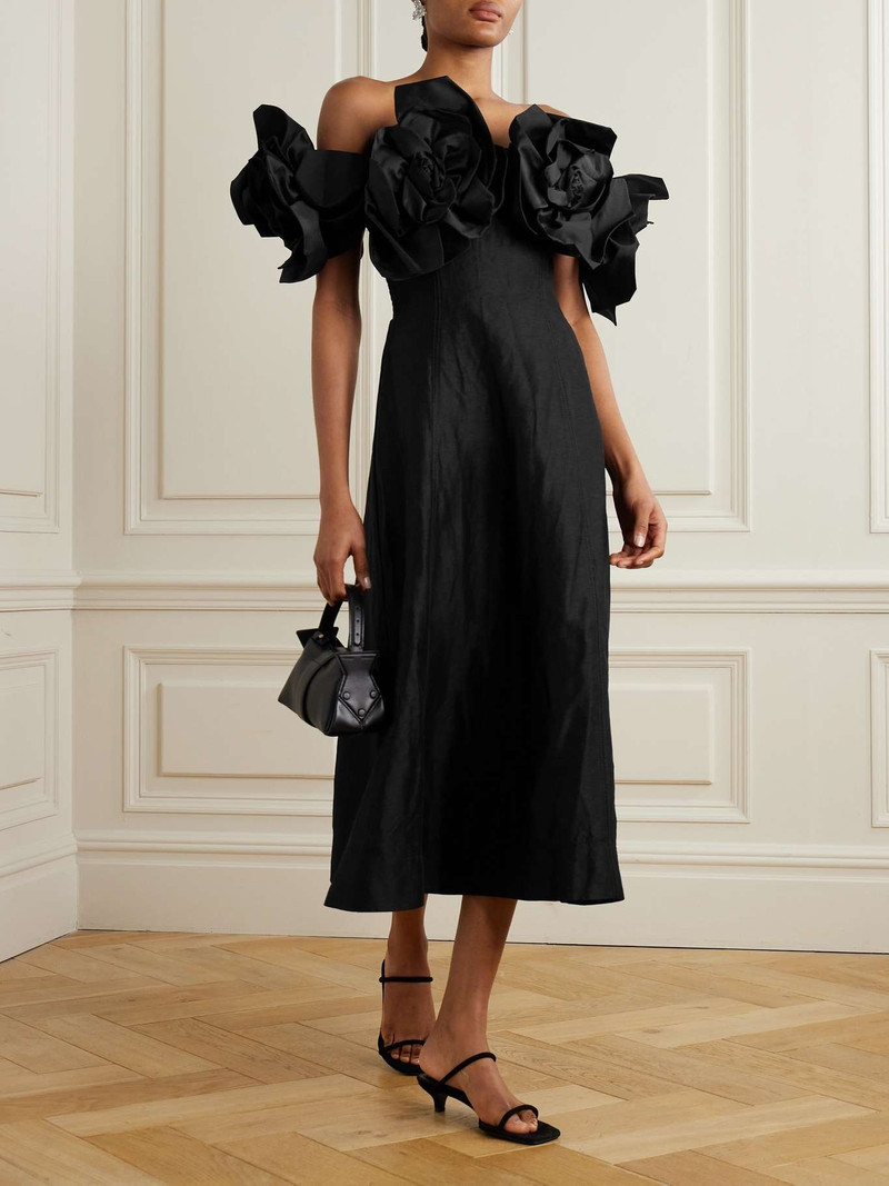 Aje. Etta appliquéd off-the-shoulder linen-blend midi dress Black outlook