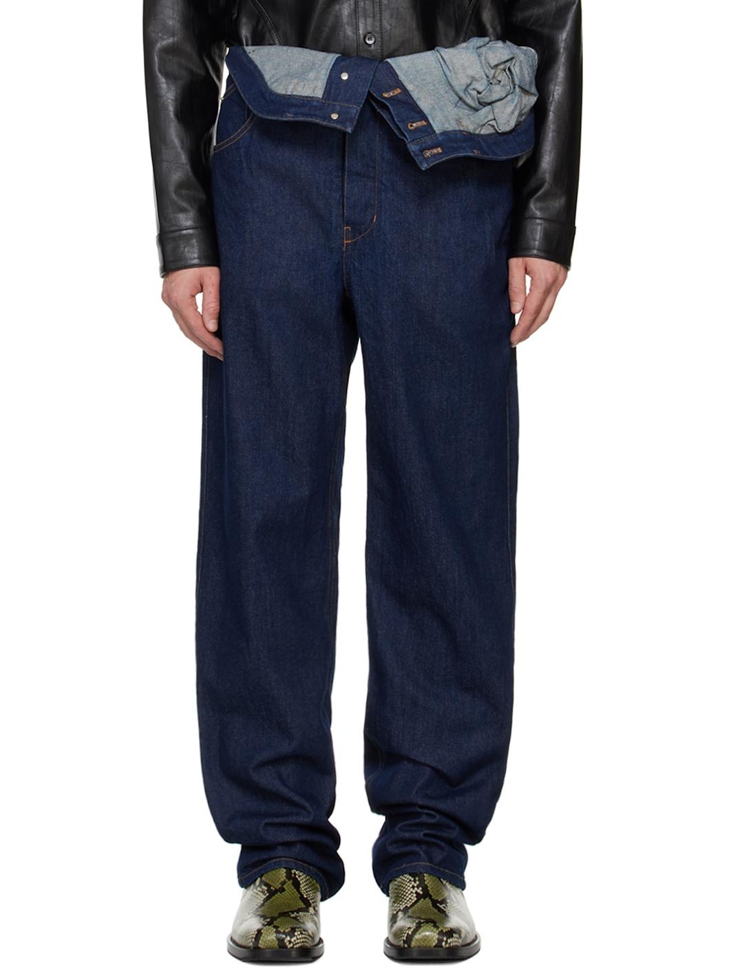 Indigo Asymmetric Flower Jeans - 1