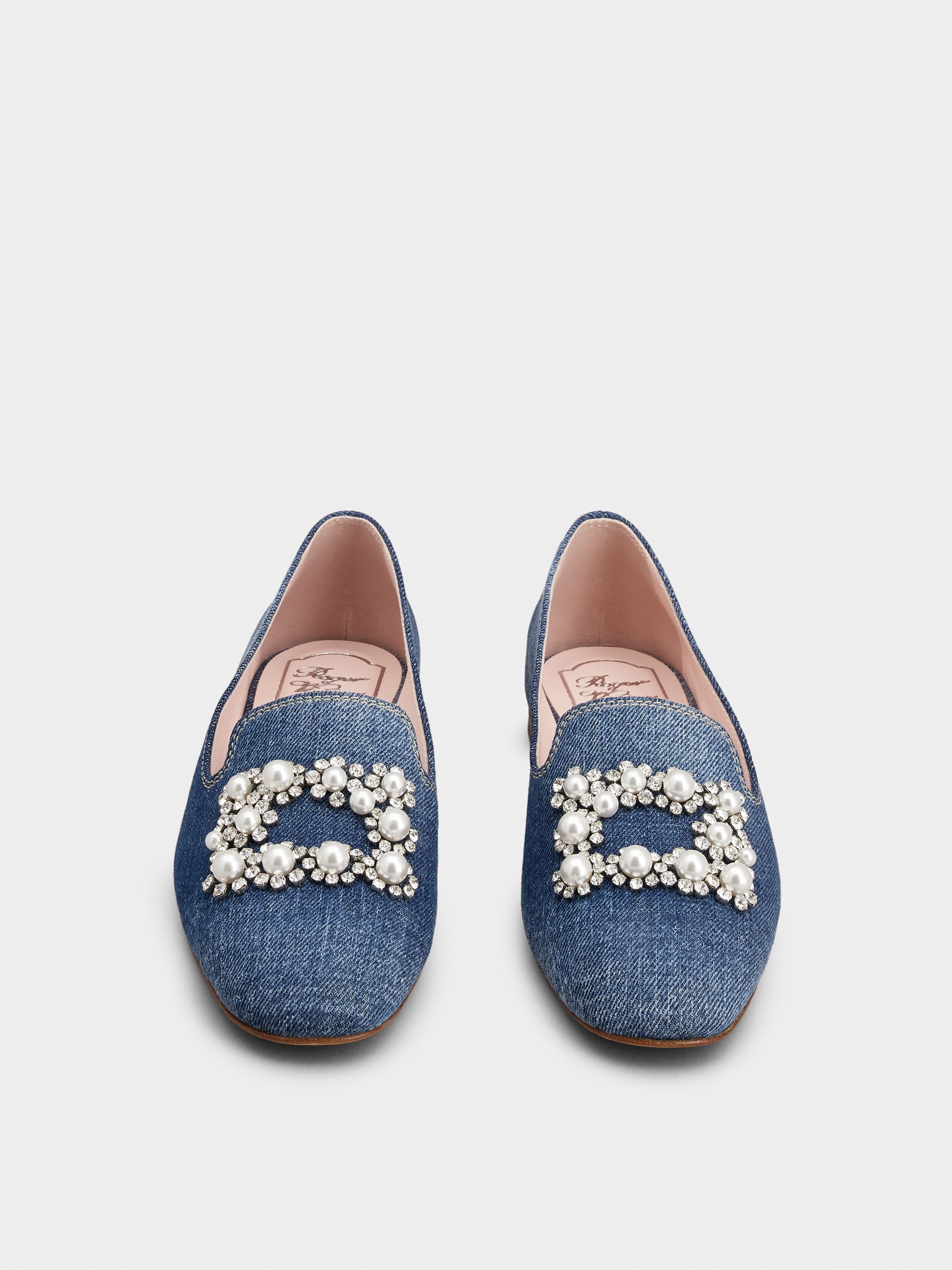 Pearl Embroidered Buckle Loafers in Denim - 7