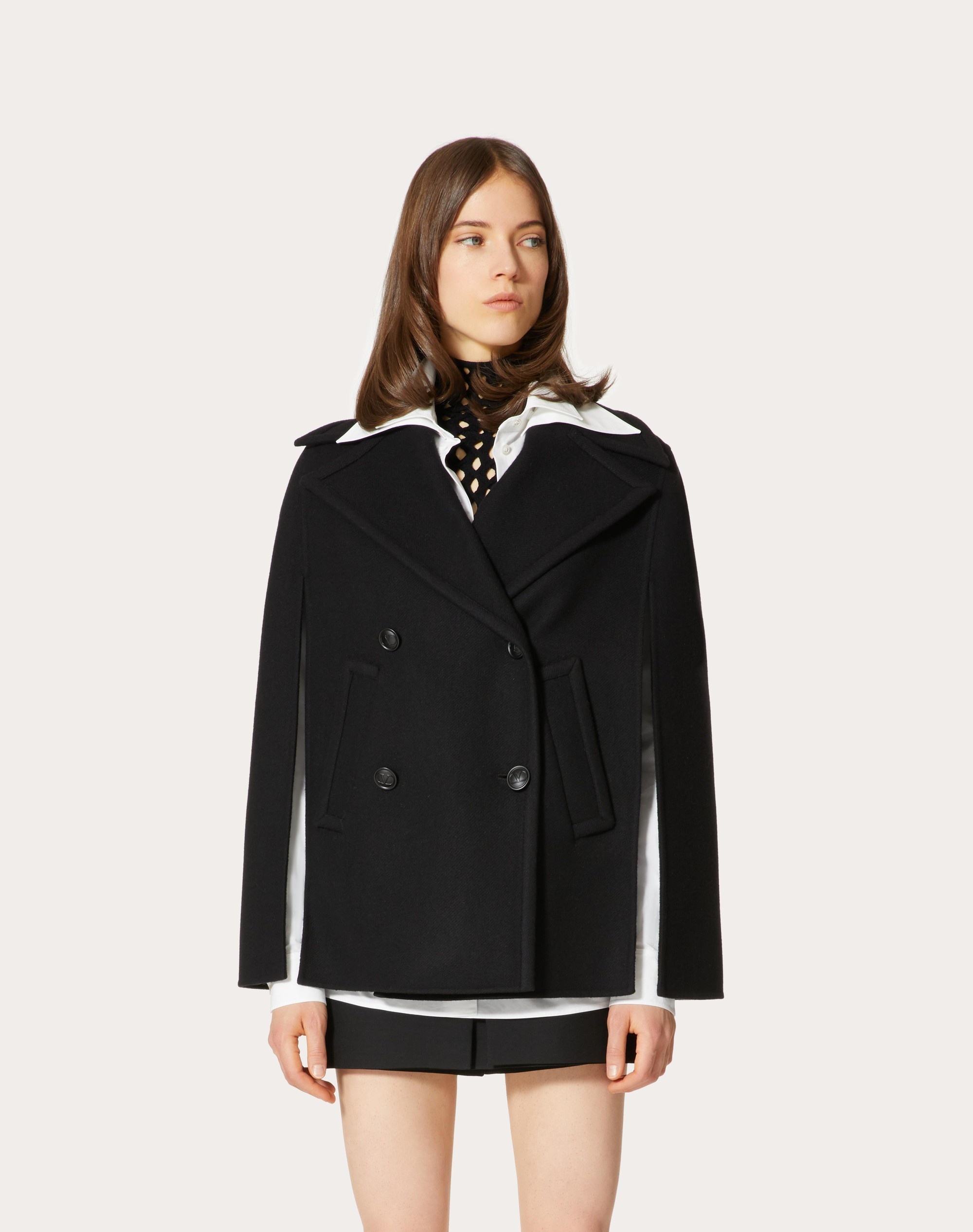 DIAGONAL DOUBLE WOOL CAPE PEA COAT - 3