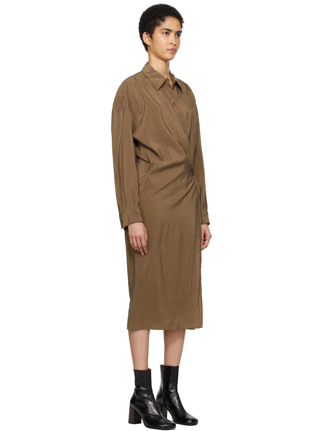Brown Straight Collar Twisted Midi Dress - 2