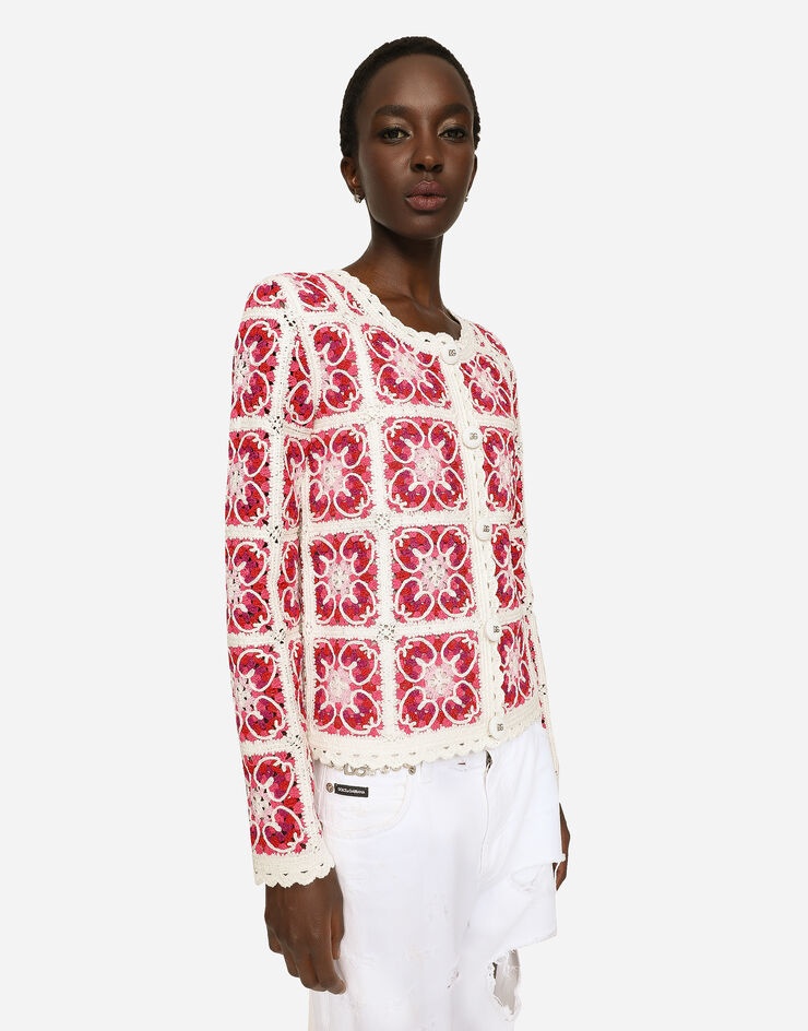 Brick-stitched crochet cardigan with Majolica print - 4