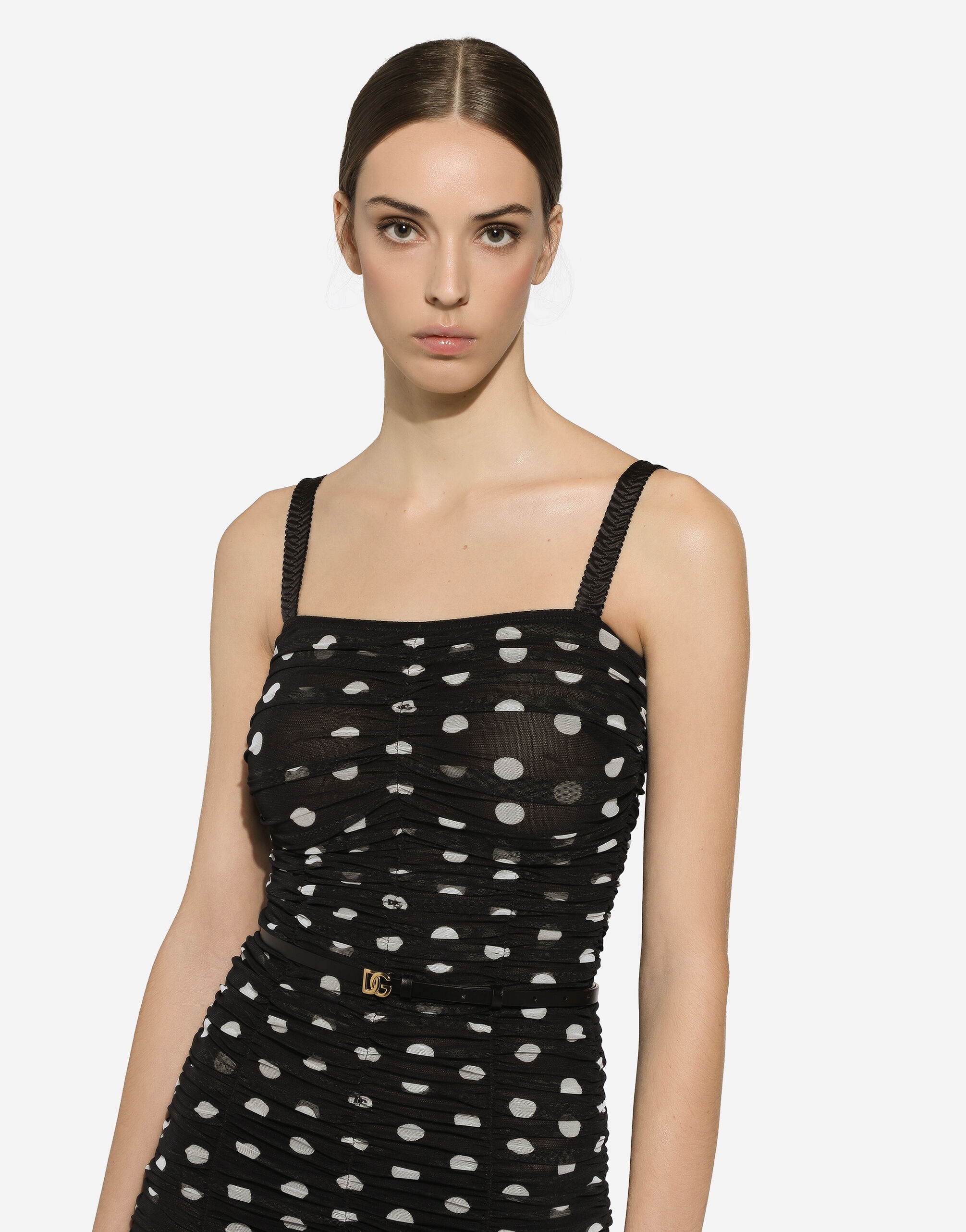 Tulle calf-length sheath dress with draping and polka-dot print - 4