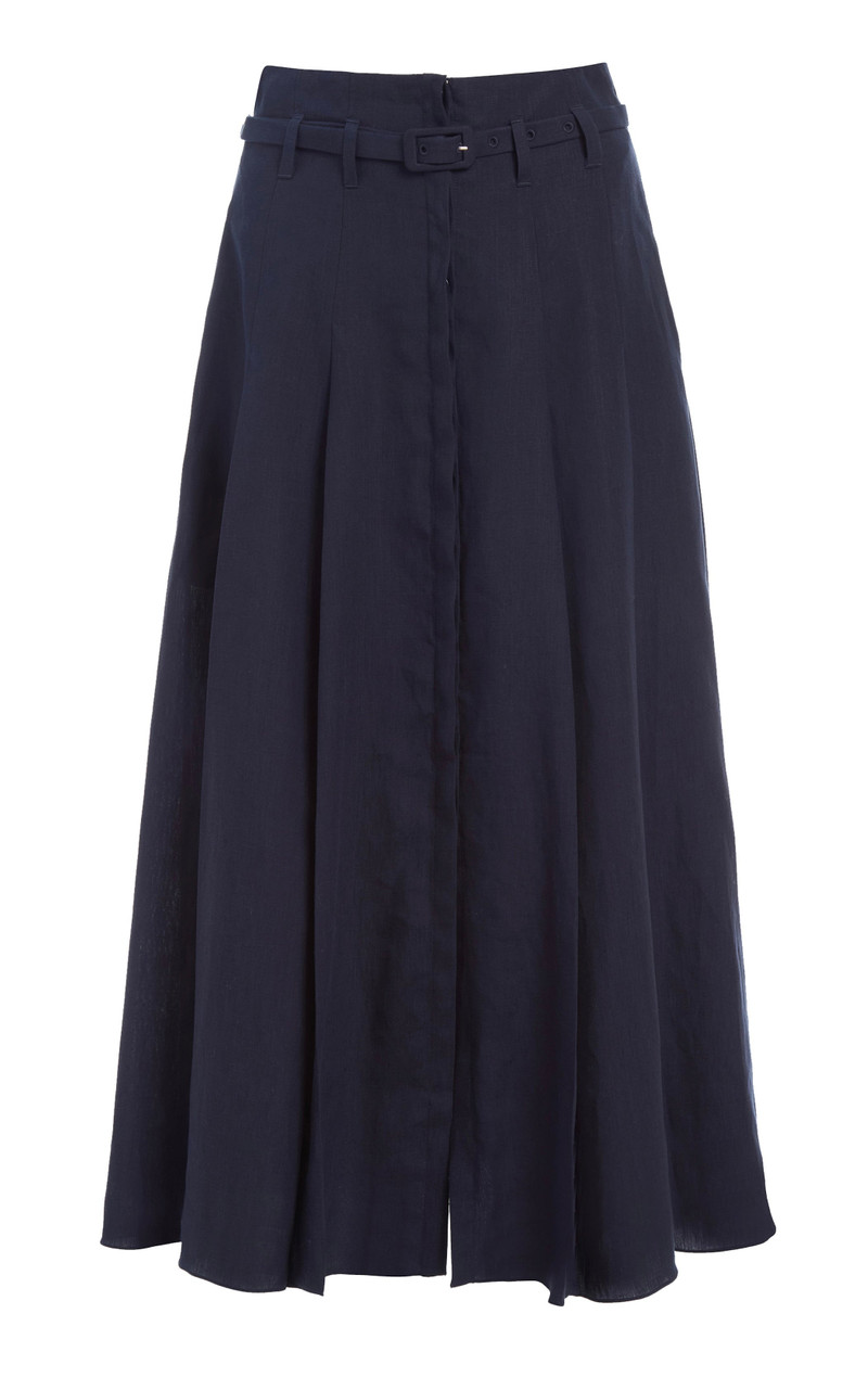 Dugald Pleated Skirt in Navy Aloe Linen 1