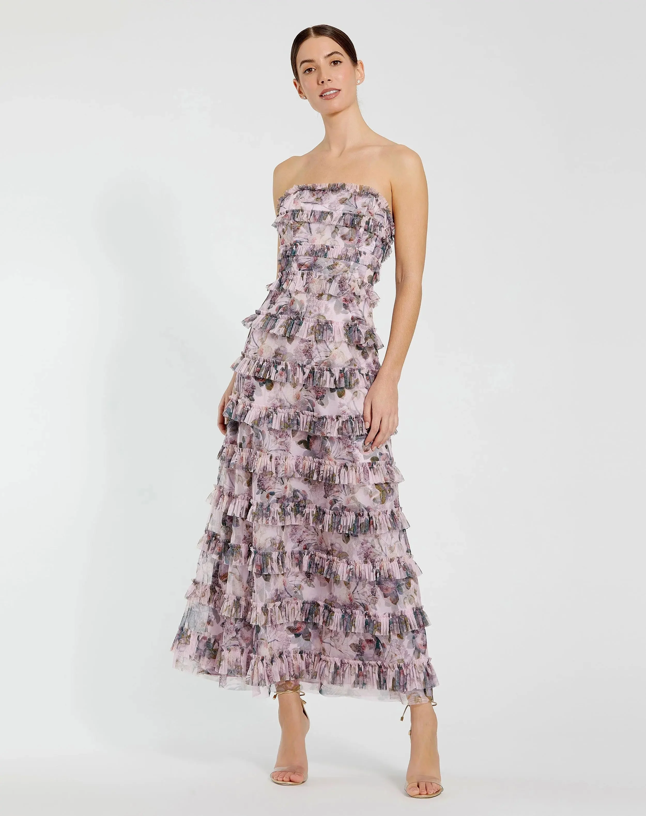 Purple Strapless Floral Micro Ruffle Dress - 1