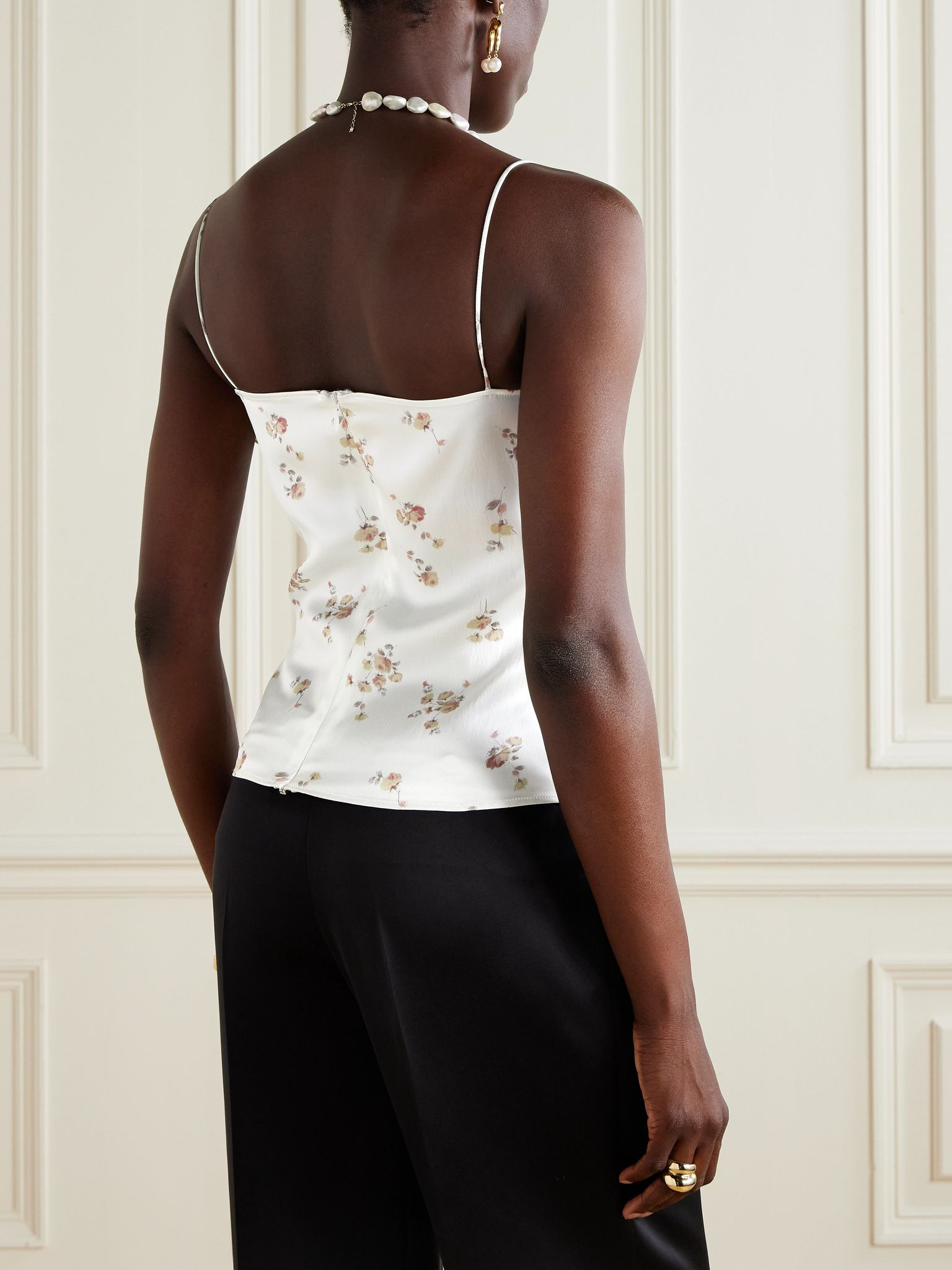 Appliquéd floral-print silk bustier top Cream - 3