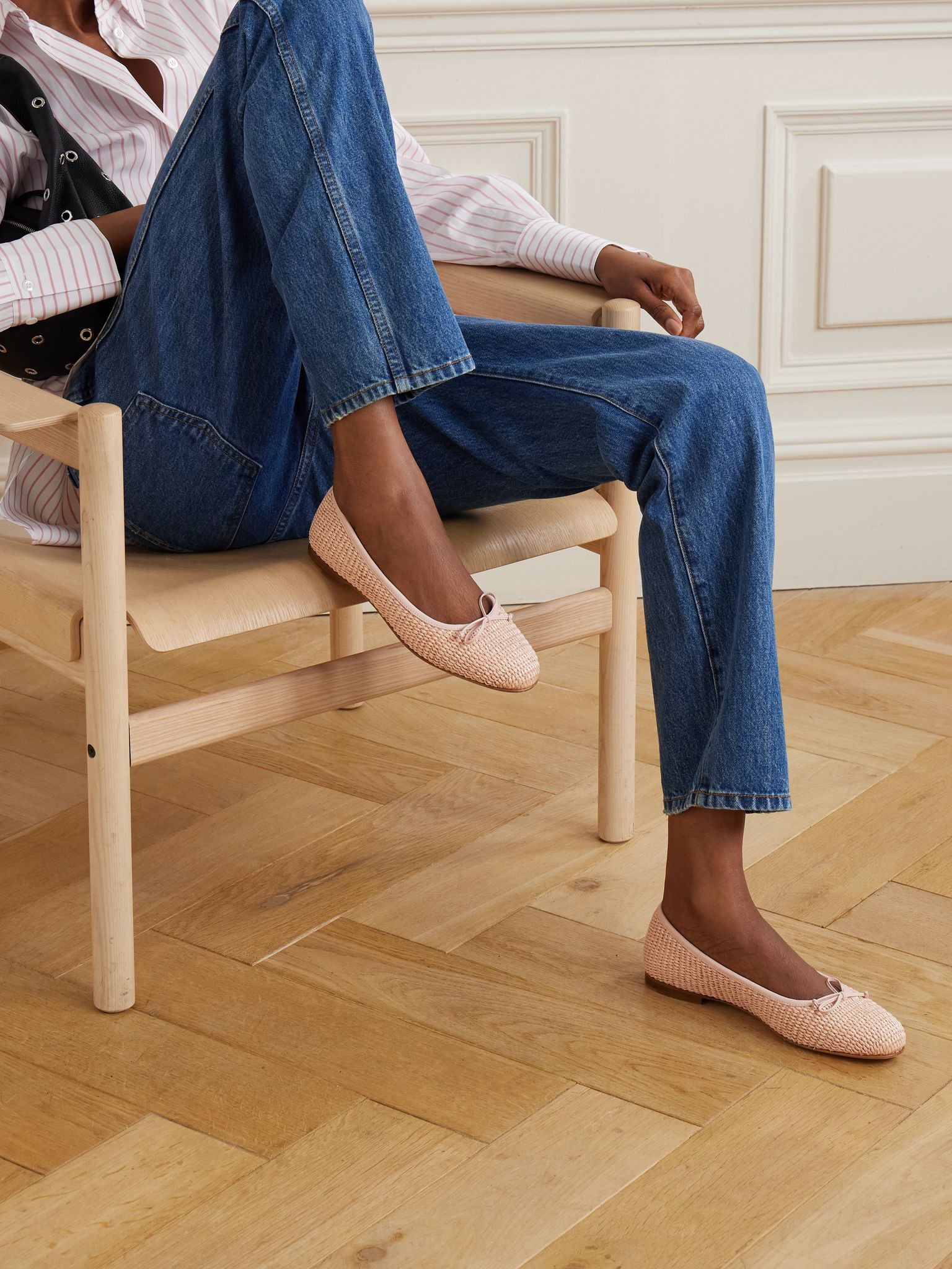 Veralli leather-trimmed raffia ballet flats Pastel pink - 2