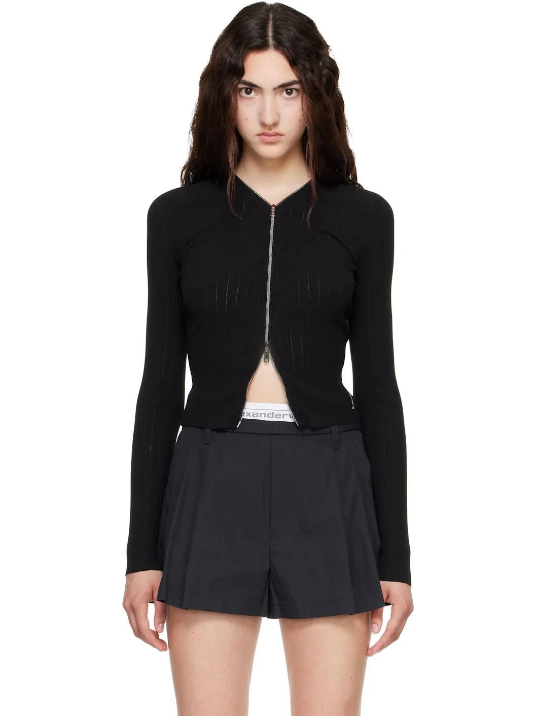 Black V-Neck Pointelle Cardigan - 1
