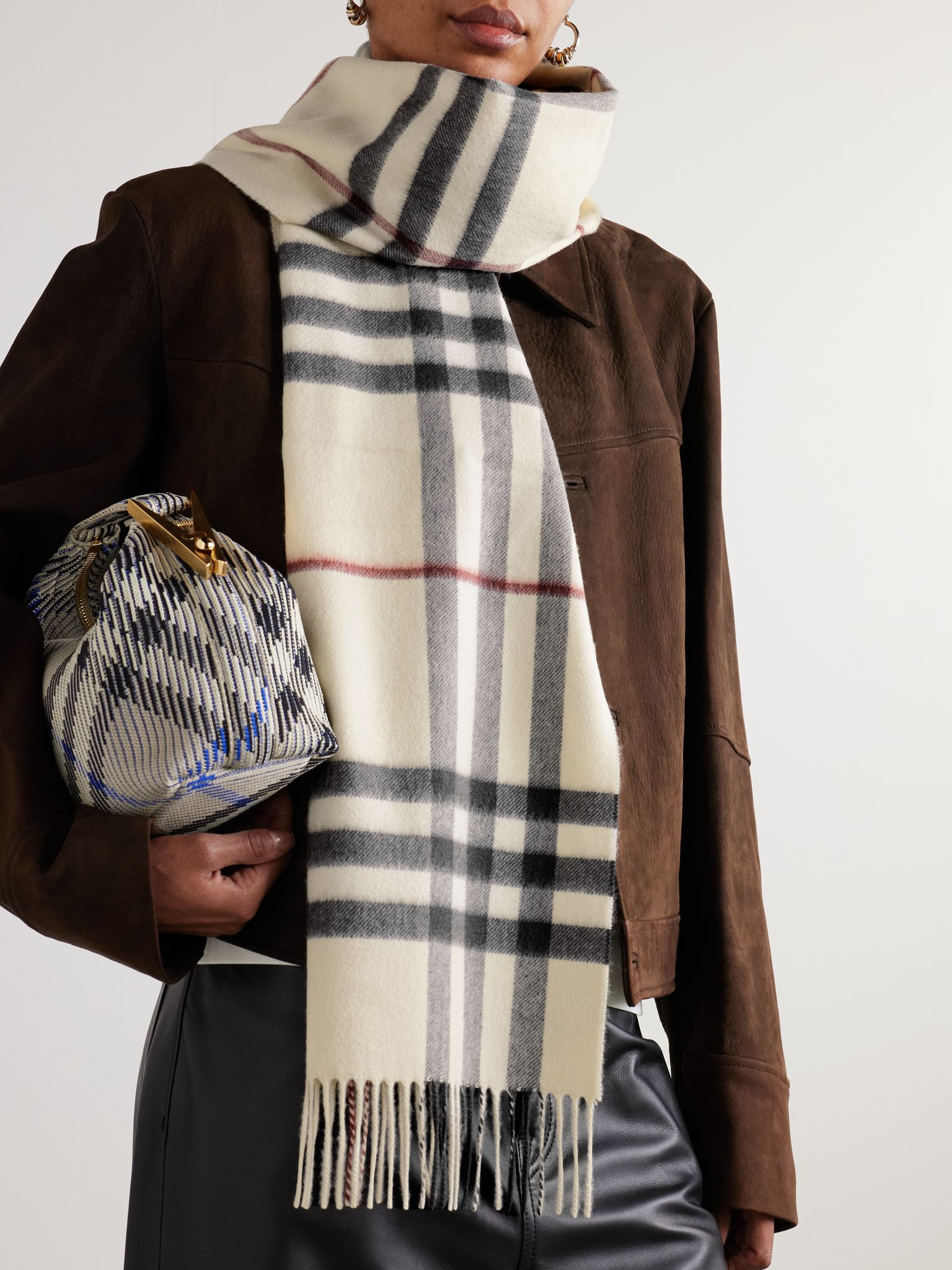 Fringed checked cashmere scarf Beige - 2