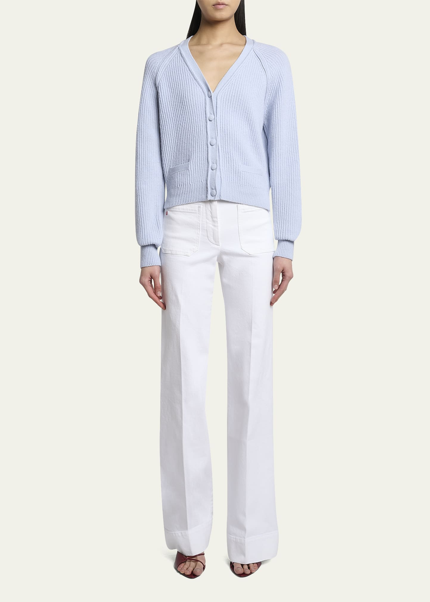 Stepped Hem V-Neck Cashmere Wool Cardigan - 2