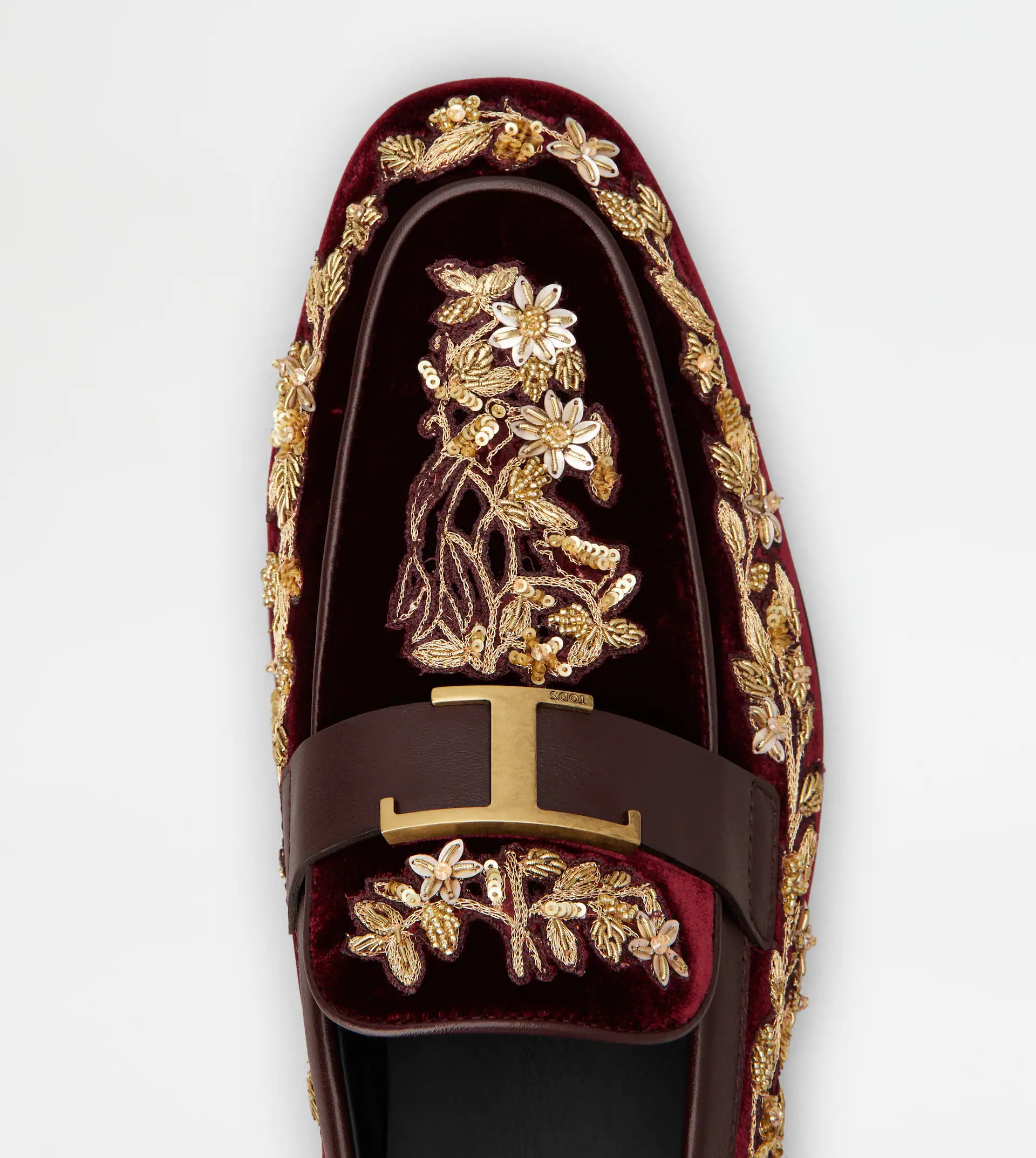 T TIMELESS LOAFERS IN VELVET AND LEATHER - BURGUNDY, GOLD - 4