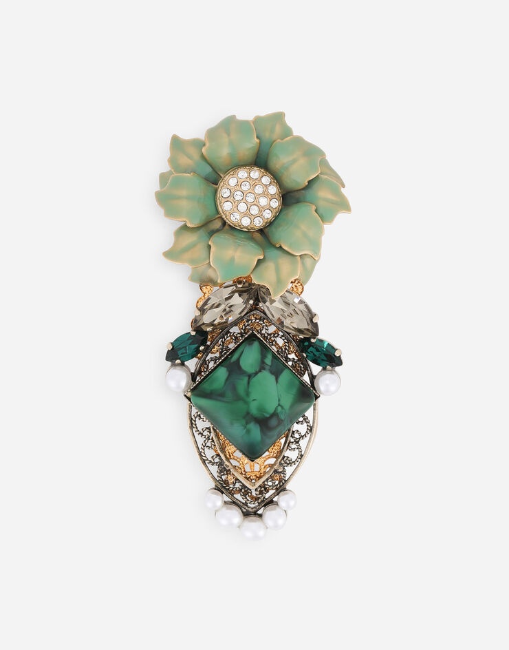 Brooch with enameled flower and rhinestones - 1