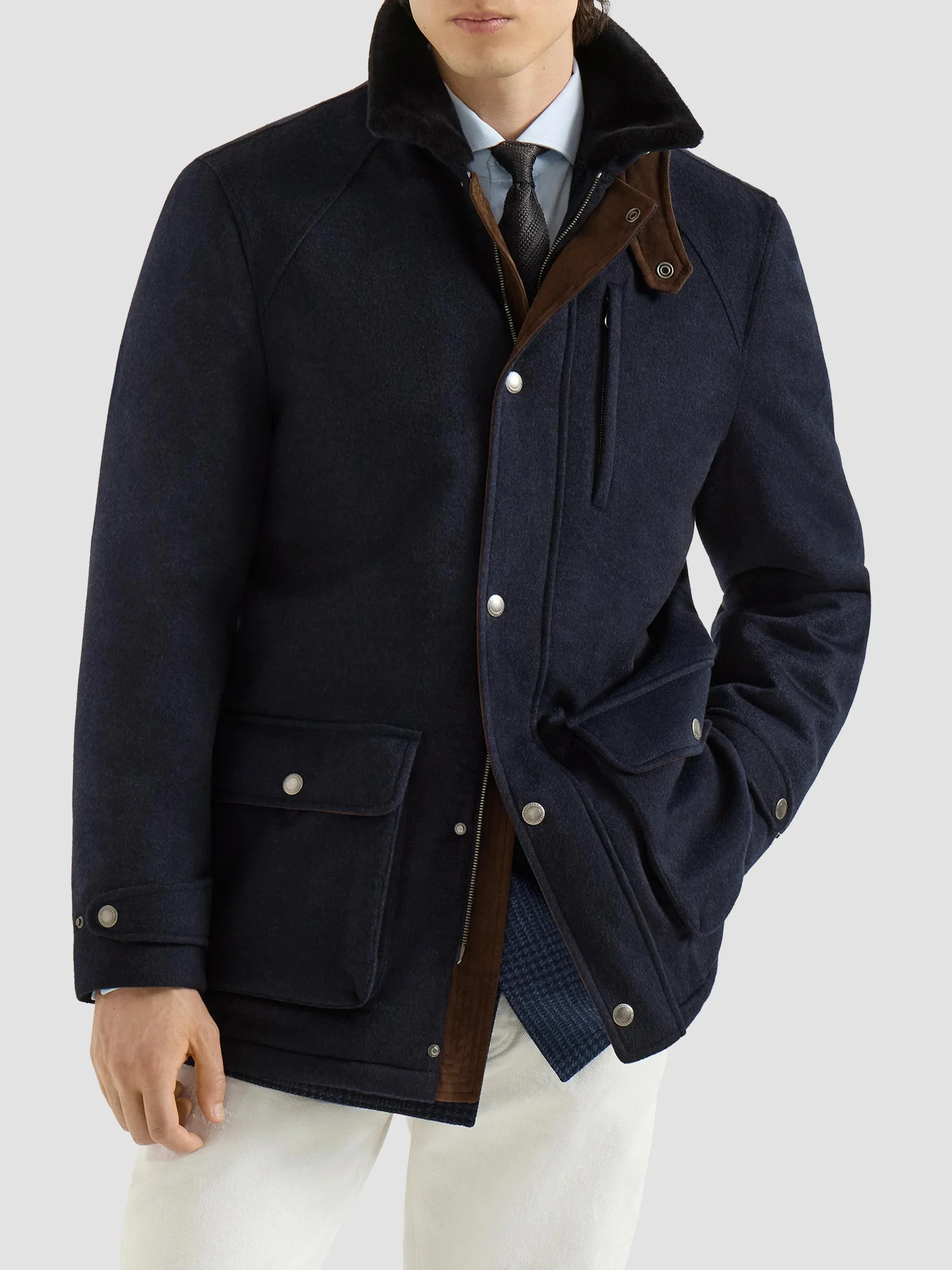 Men's Bonded Cashmere Beaver Cloth Field Jacket - Navy Blue - 1