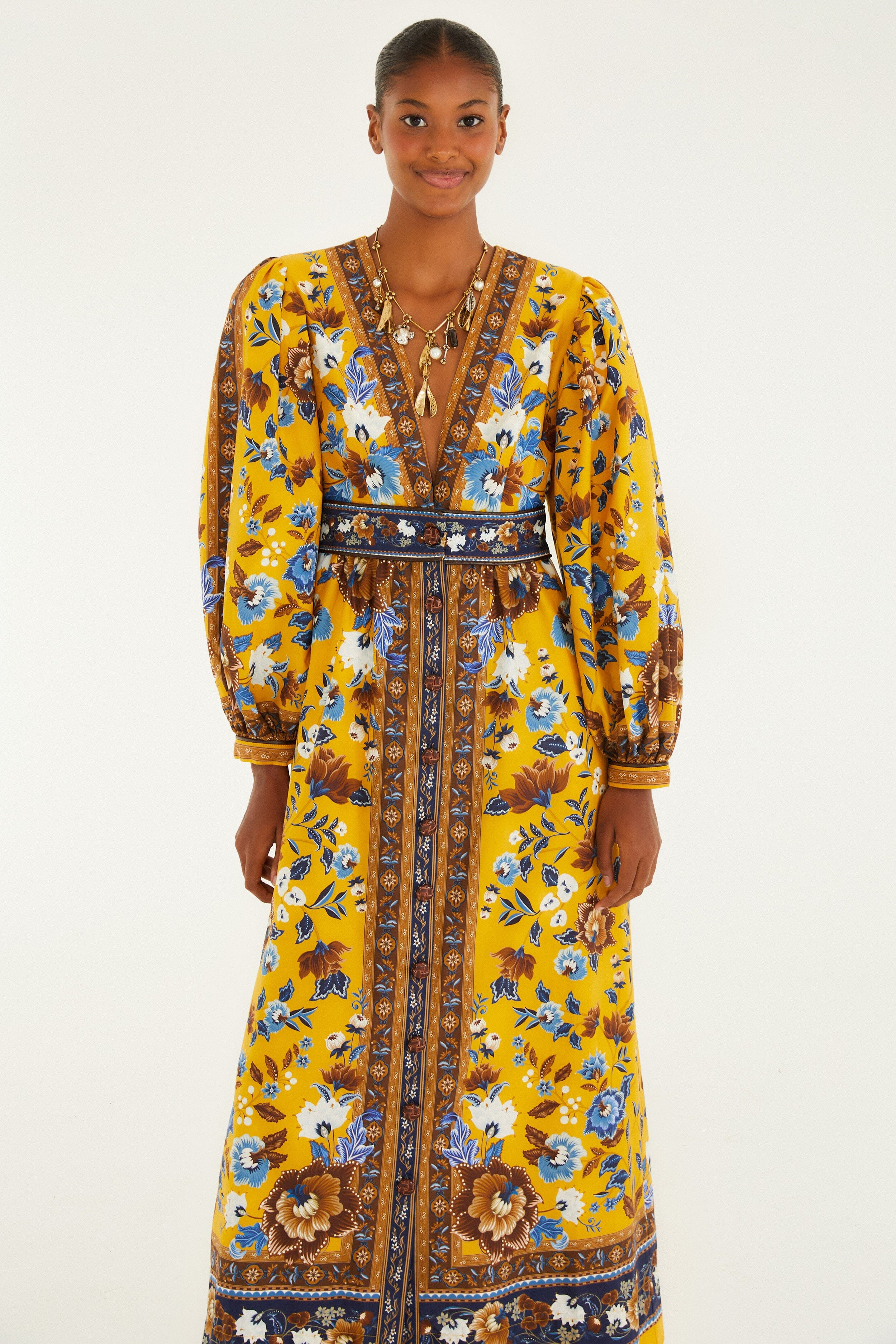 Yellow Flowering Garden Tree Organic Cotton Maxi Dress - 4