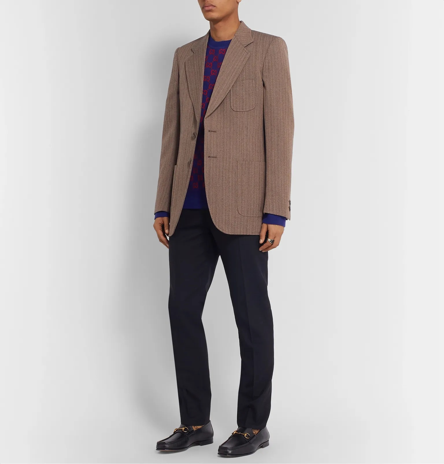 Brown Slim-Fit Striped Herringbone Wool-Blend Blazer - 2