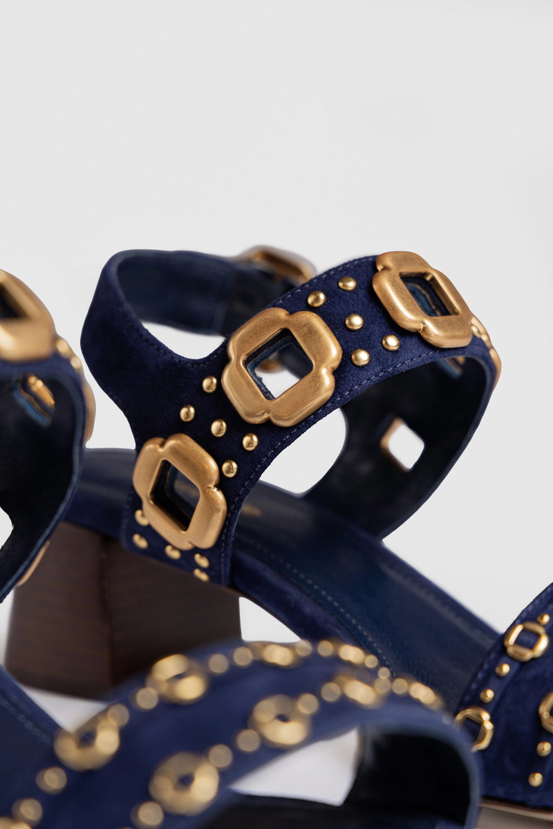 Milan Studs Block Sandal In Navy Suede 6