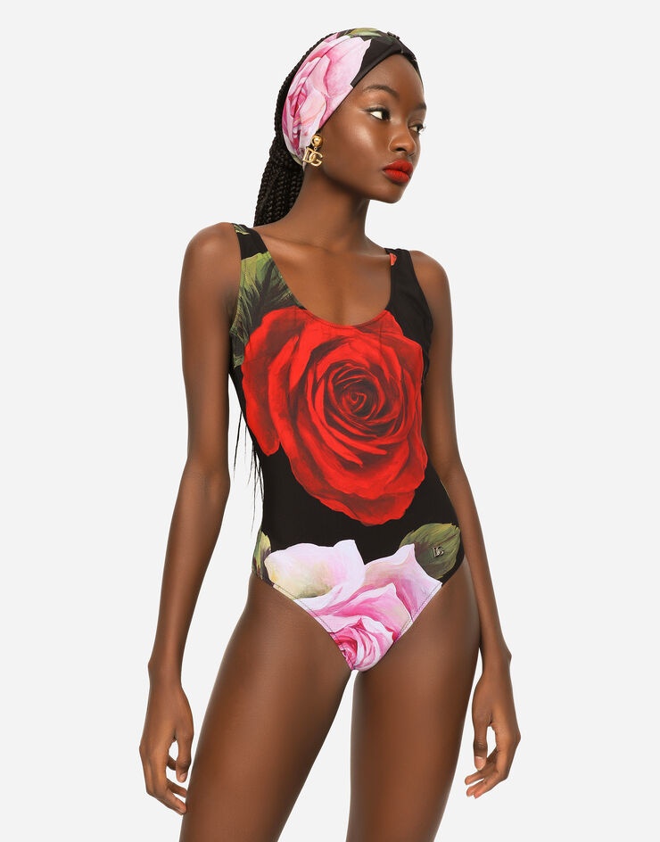 Rose-print one-piece racing swimsuit - 4