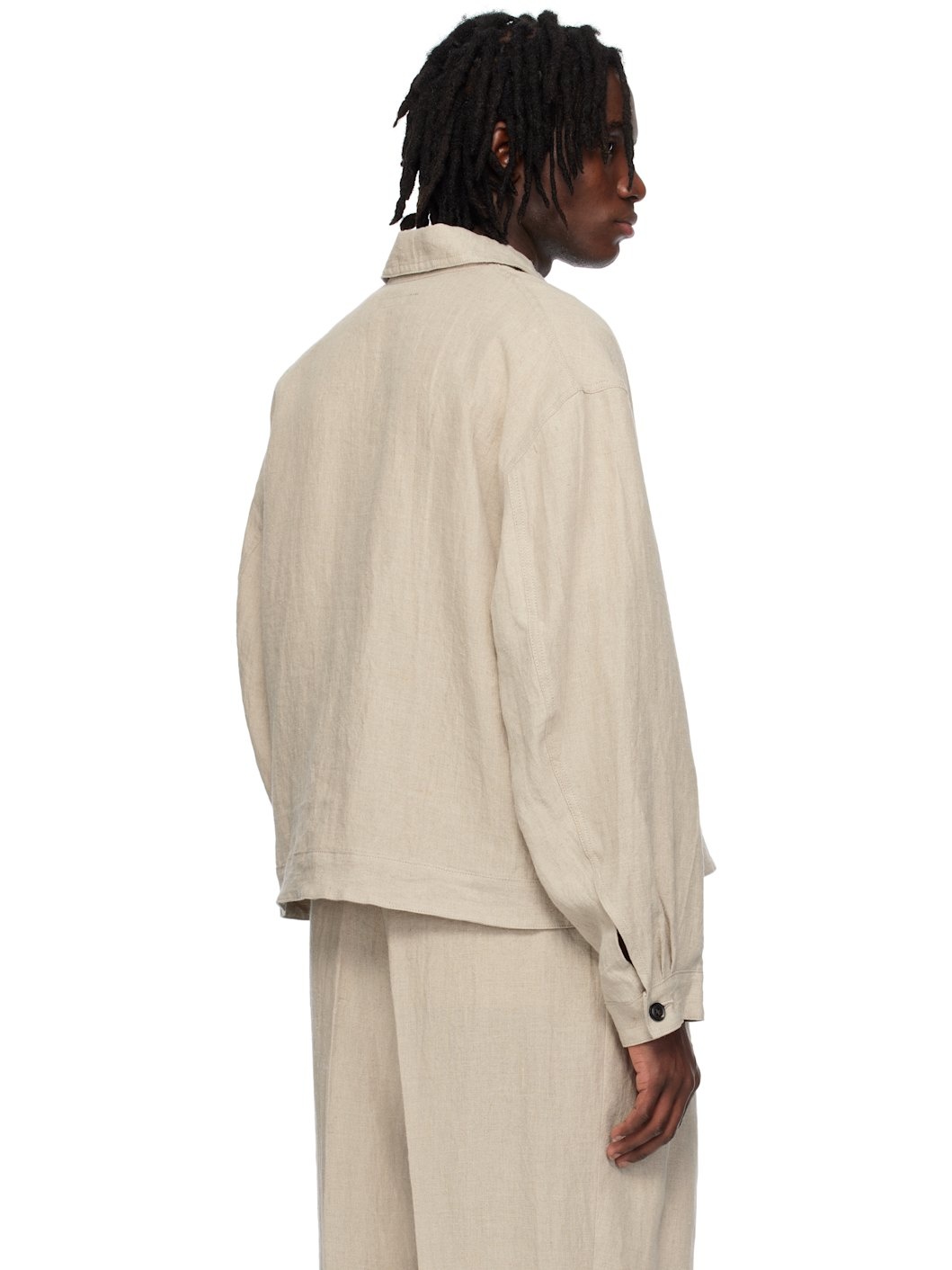 Beige Linen Washer Manipulation Drape Pocket Jacket - 3