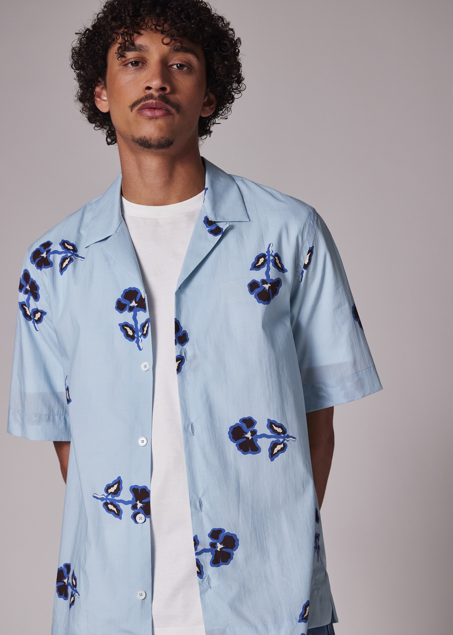 Light Blue Cotton-Lyocell 'Tri Flower' Short-Sleeve Shirt - 6
