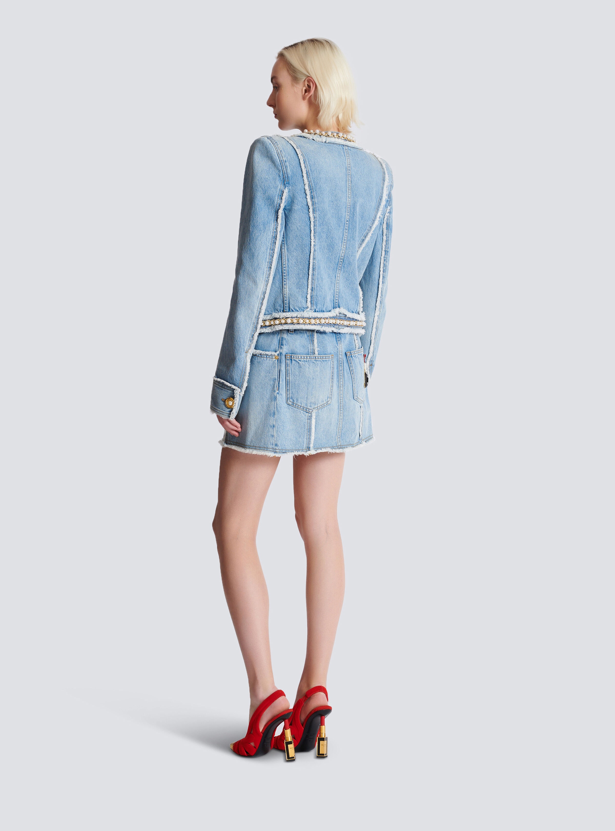 Denim jacket with pearl trim - 4