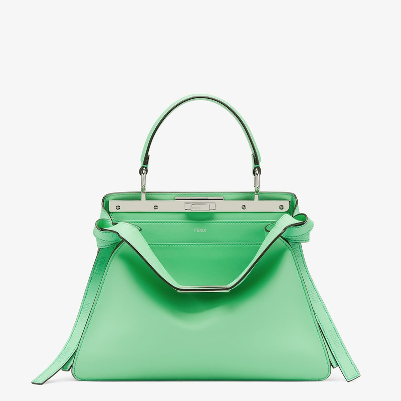 Iconic medium Peekaboo ISeeU bag, made of green leather with long knotted side laces, printed with a - 1