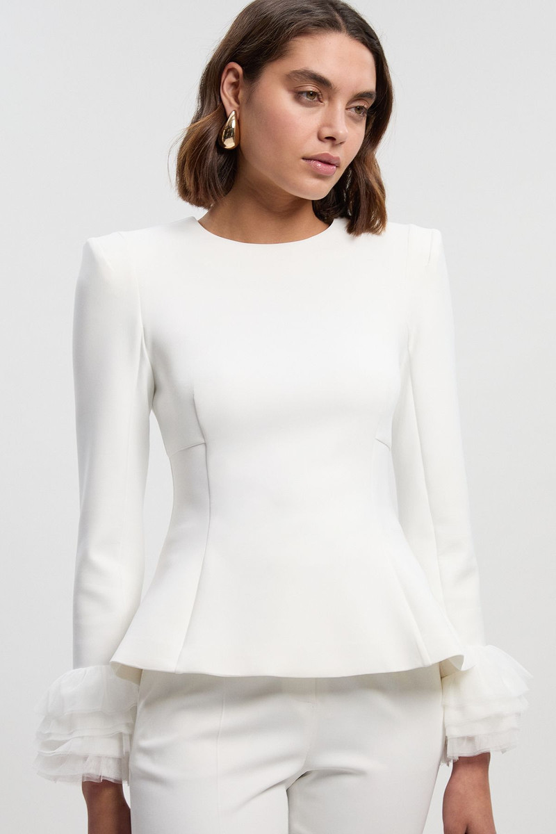 Scuba Drama Tulle Detail Cuff Woven Peplum Top 1