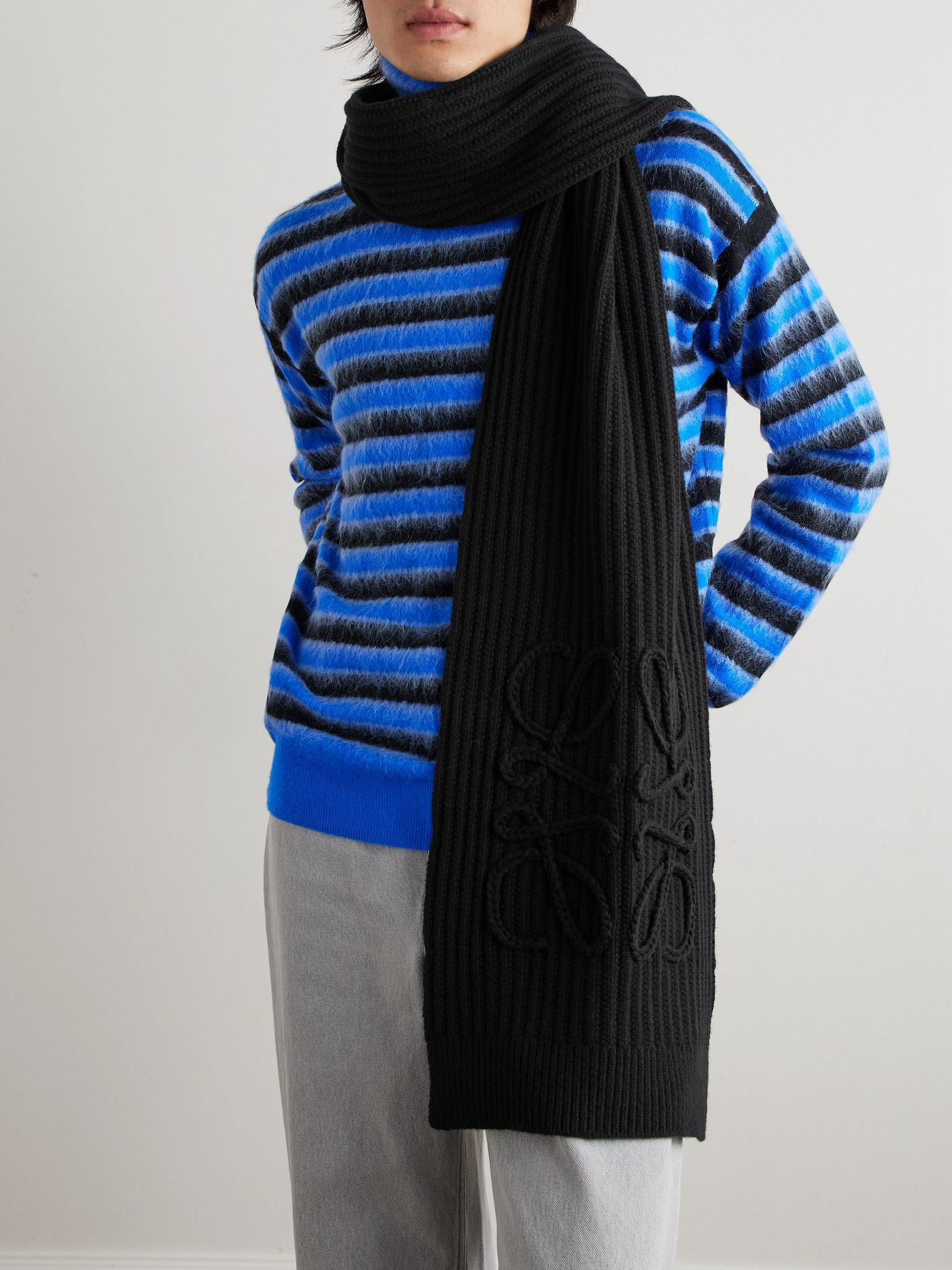 Anagram Embroidered Ribbed Wool Scarf Black - 2