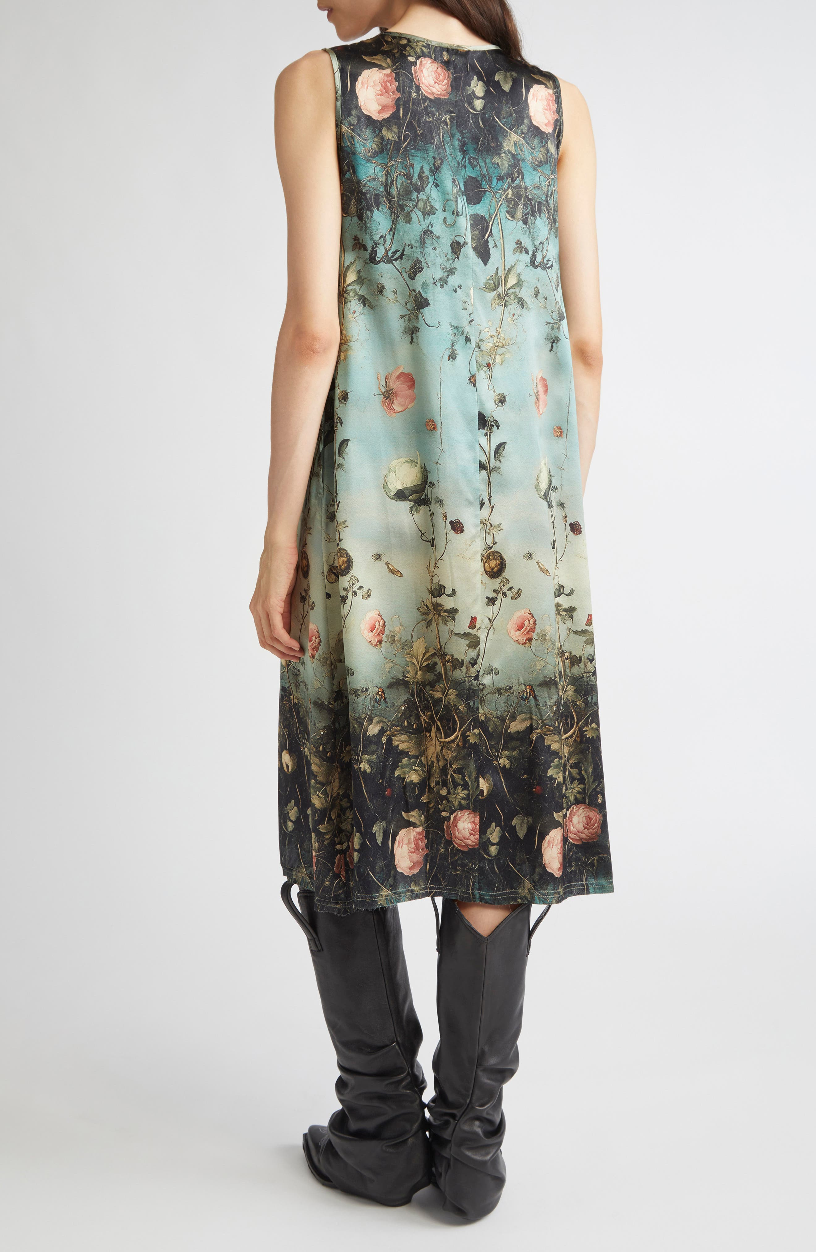 R13 Floral Print Sleeveless Midi Dress in Dipped Black Turquoise Floral at Nordstrom - 2